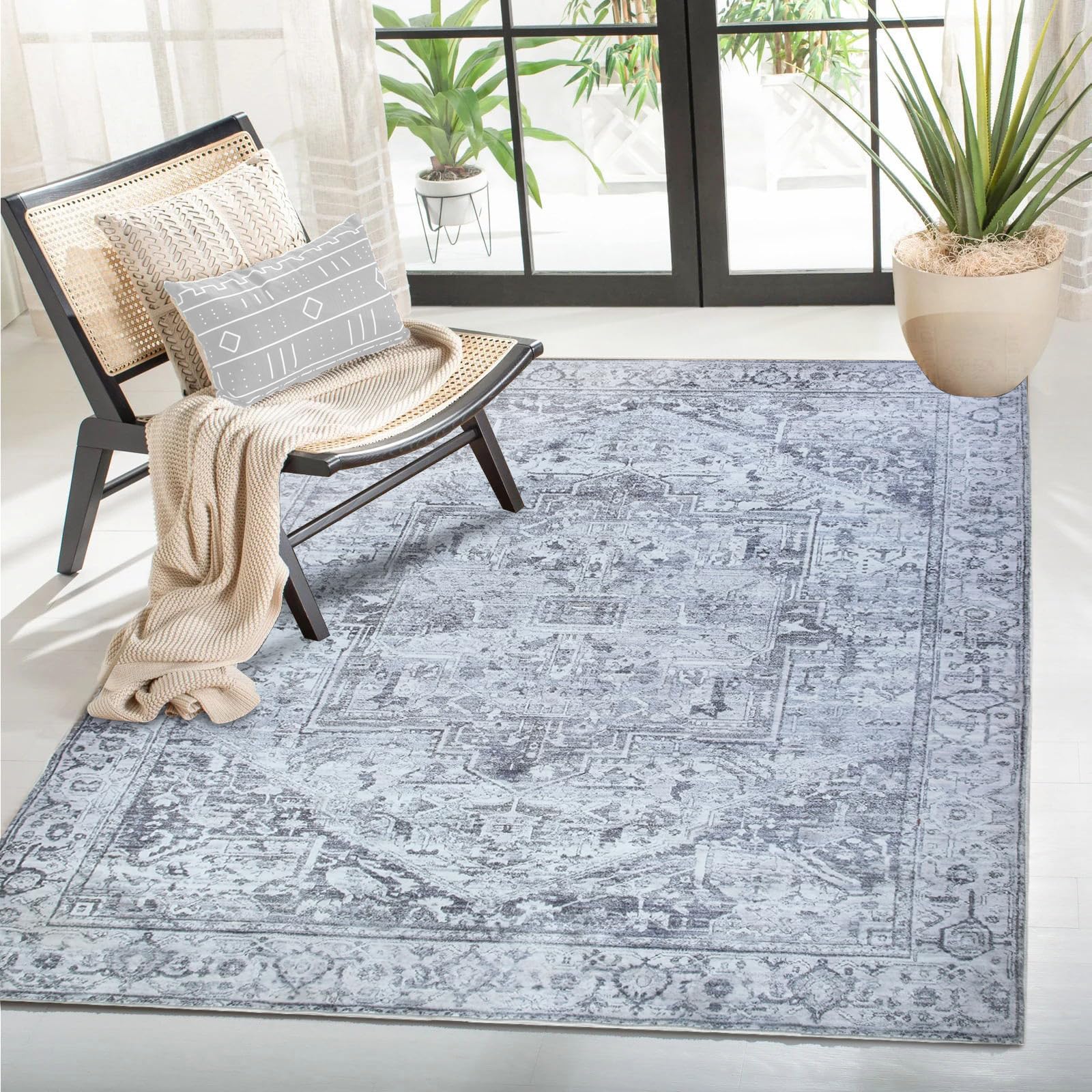 Wegital Area Rugs Living Room Bedroom Non-Slip Large Rugs Washable Short Pile Rug For Living Room Bedroom Dining Room Luxury Skin-Friendly Carpet Persian Pattern Boho Rug 120X180cm Grey