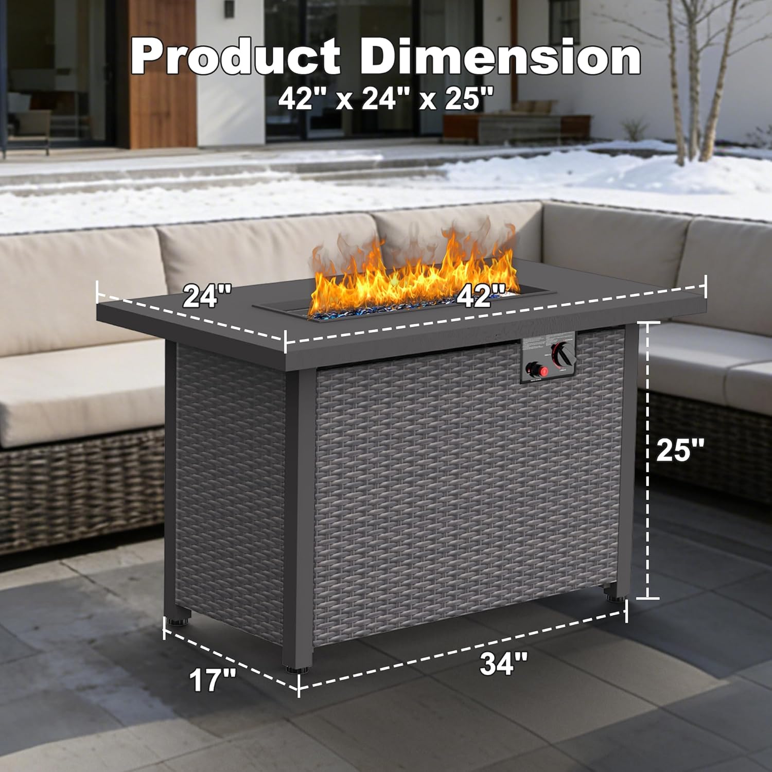 Patio Furniture Set with Fire Pit Table, 8PCS Outdoor Conversation Sets Waterproof Rattan Sectional Sofa with 4” Thickened Cushion Modular Wicker Patio Furniture Set with Glass Top Table (Blue)