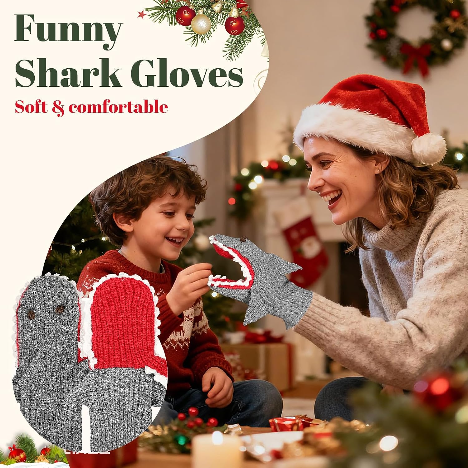 Warming Shark Gloves Cartoon Winter Warm Animal Soft Hand Knit Gloves Women Mens Christmas Halloween