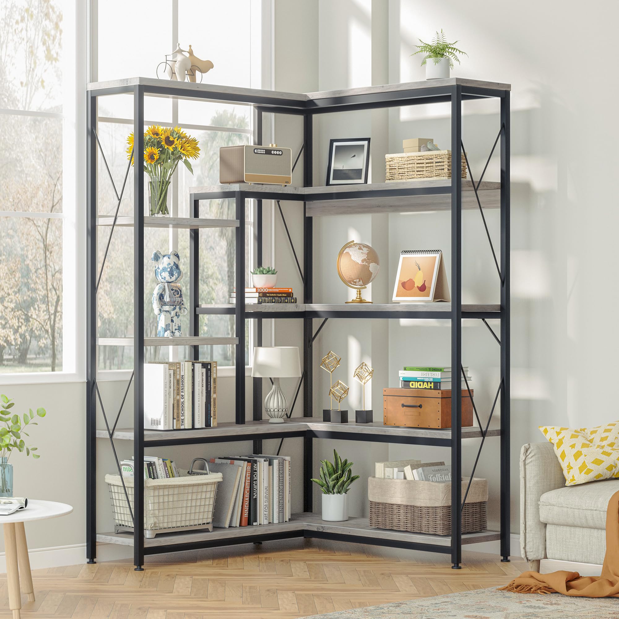 Amazon.com: JAMFLY 5-Tier Corner Bookshelf, Industrial Corner  display picture 1