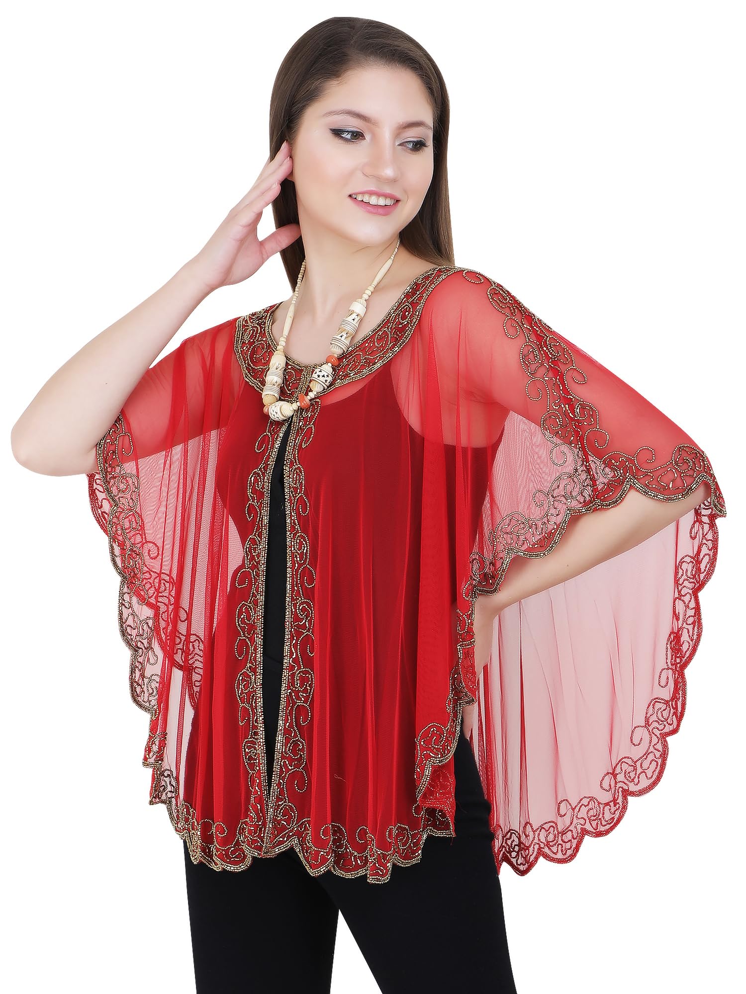 2025 Red Gold Net Poncho 27 Inches Transparent Shrug Top Handmade Sequin Detailing Free Size-picture-46