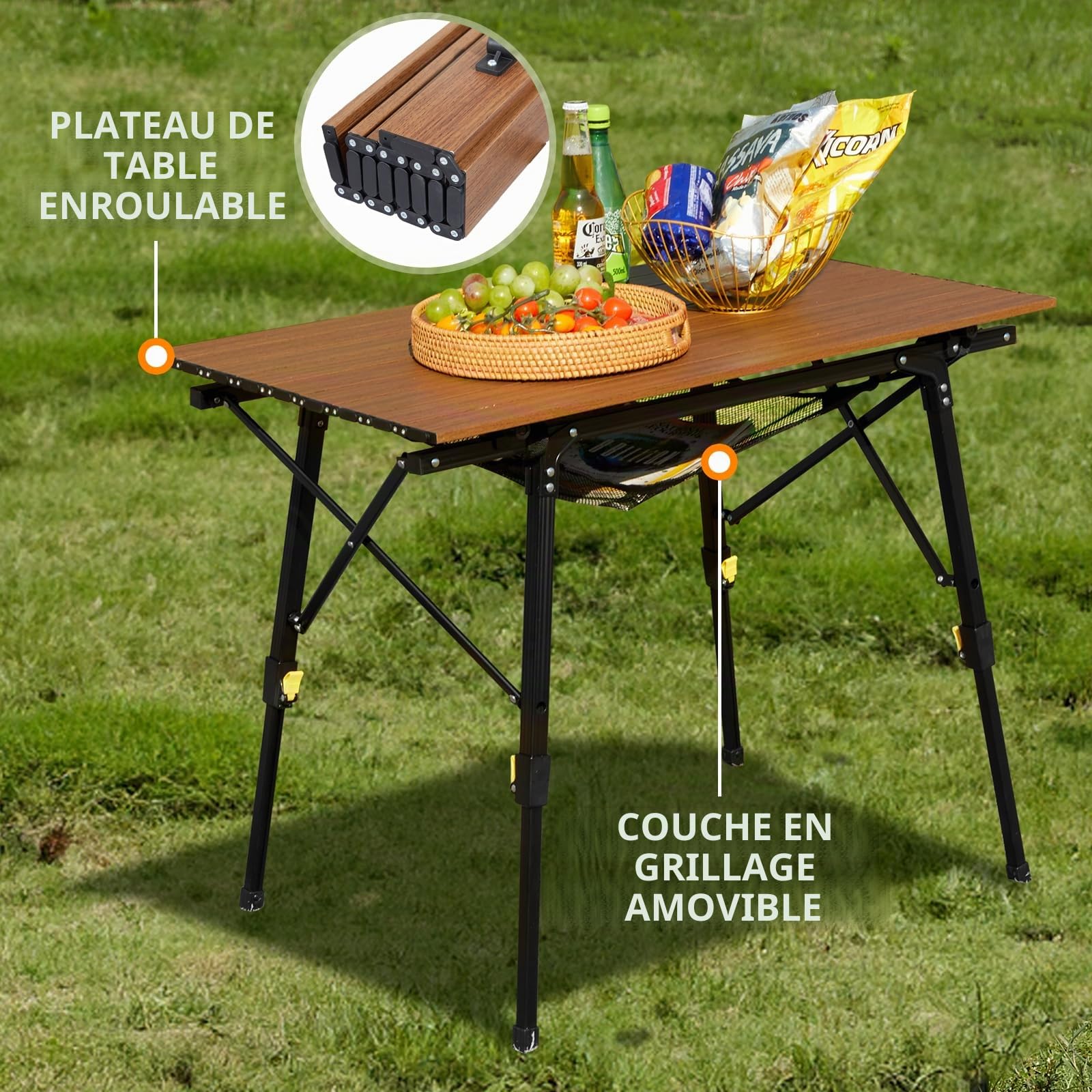 Portal Table de camping pliable réglable en hauteur - Charge maximale : 60 kg - En aluminium - 90 x 53 cm - Pour 4 personnes - Table de camping pliable légère