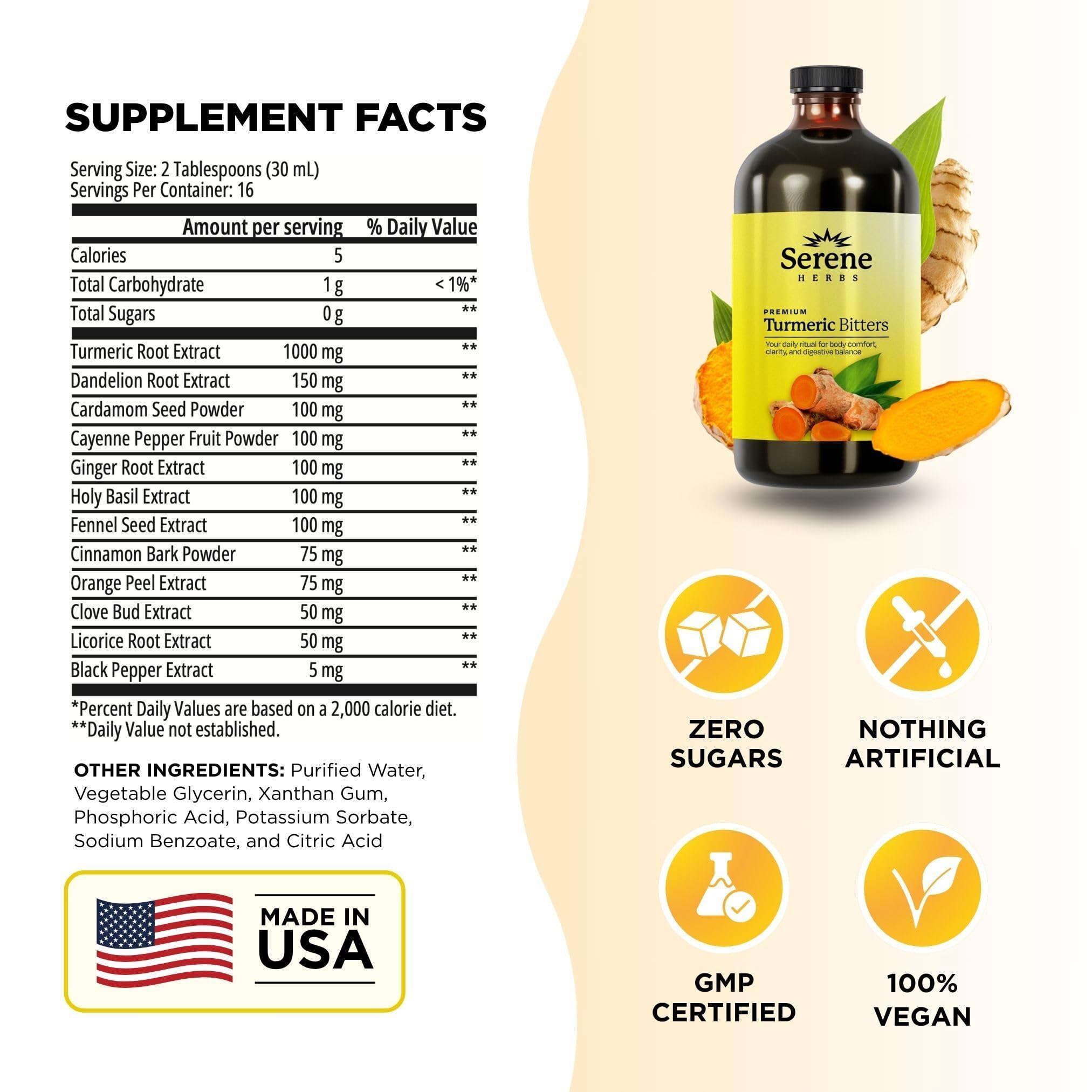 Serene Herbs Liquid Turmeric with Black Pepper - Turmeric Shots Curcumin Supplement 1000mg Extra Strength Herbal Drink, Digestive Bitters for Bloating Relief, Joint Health, Energy & Clarity - 16oz — Amazon image 2