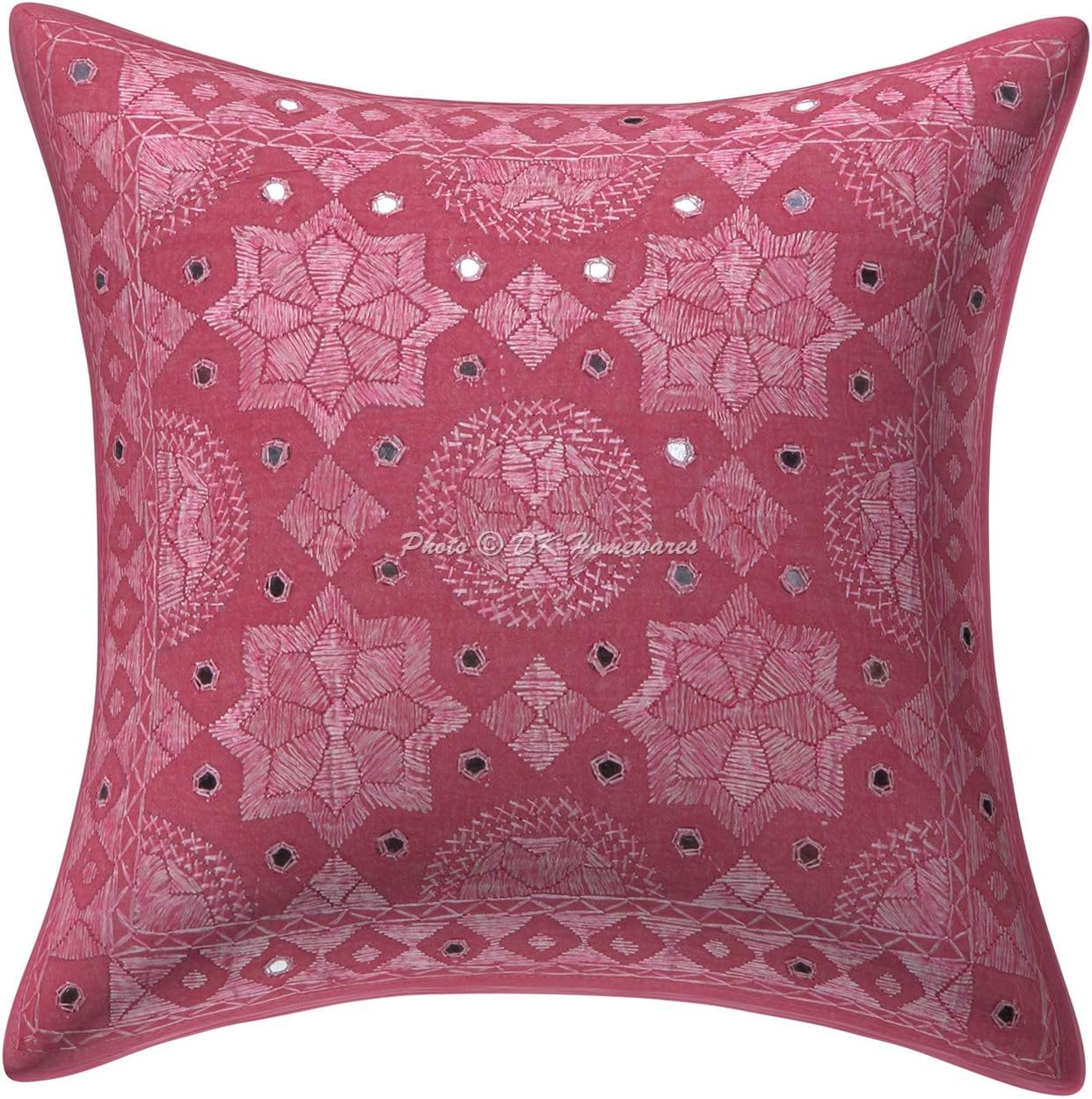 Indian Decorative Sofa Throw Pillowcases 16x16 Inch Cotton Embroidered Mirrored Bohemian Square Couch Cushion Covers (Size - 40x40 cm ; Color: Baby Pink) - Set of 5 Pcs (Cover Only)