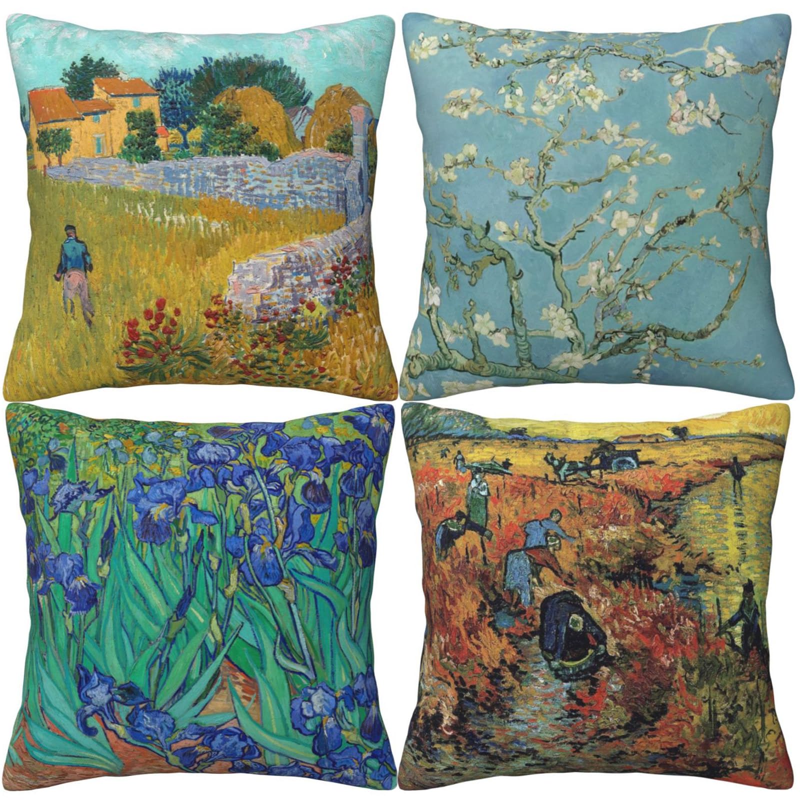 HOSTECCO Van Gogh Painting Throw Pillow Covers 18x18 inch Set of 4 Irises Almond Blossom Impressionist Art Pillow Cases Modern Decorative Cushion