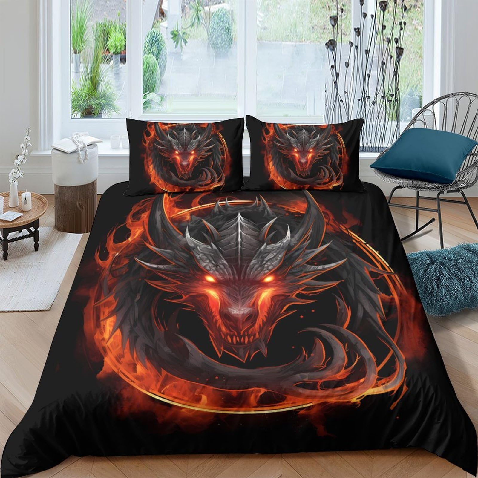 TUFRTGYHN 3D Printed Fire Dragon Duvet Cover Microfiber Soft Black Red Flame Quilt Cover Set with 2 Pillowcases for Bedroom Decor Single（135x200cm）