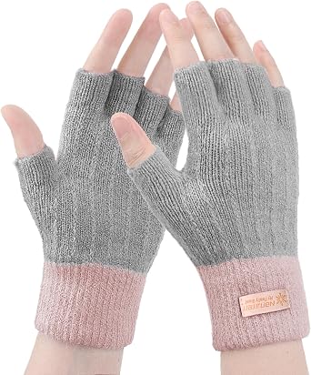 LADES Fingerless Gloves for Women Warm - Winter Thermal Gloves Knitted Soft Half Fingers Mittens for Driving Working Typing