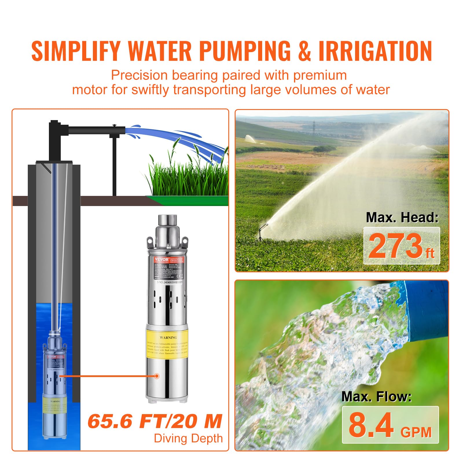 VEVOR Pompa Sommergibile Solare 369 W Pompa Sommergibile per Pozzi Profondi 48 V CC Portata 1,9 m³/h Prevalenza Massima 83,29 m Immersione Massima 20 m Irrigazione di Pascolo, Abbeveraggio Bestiame