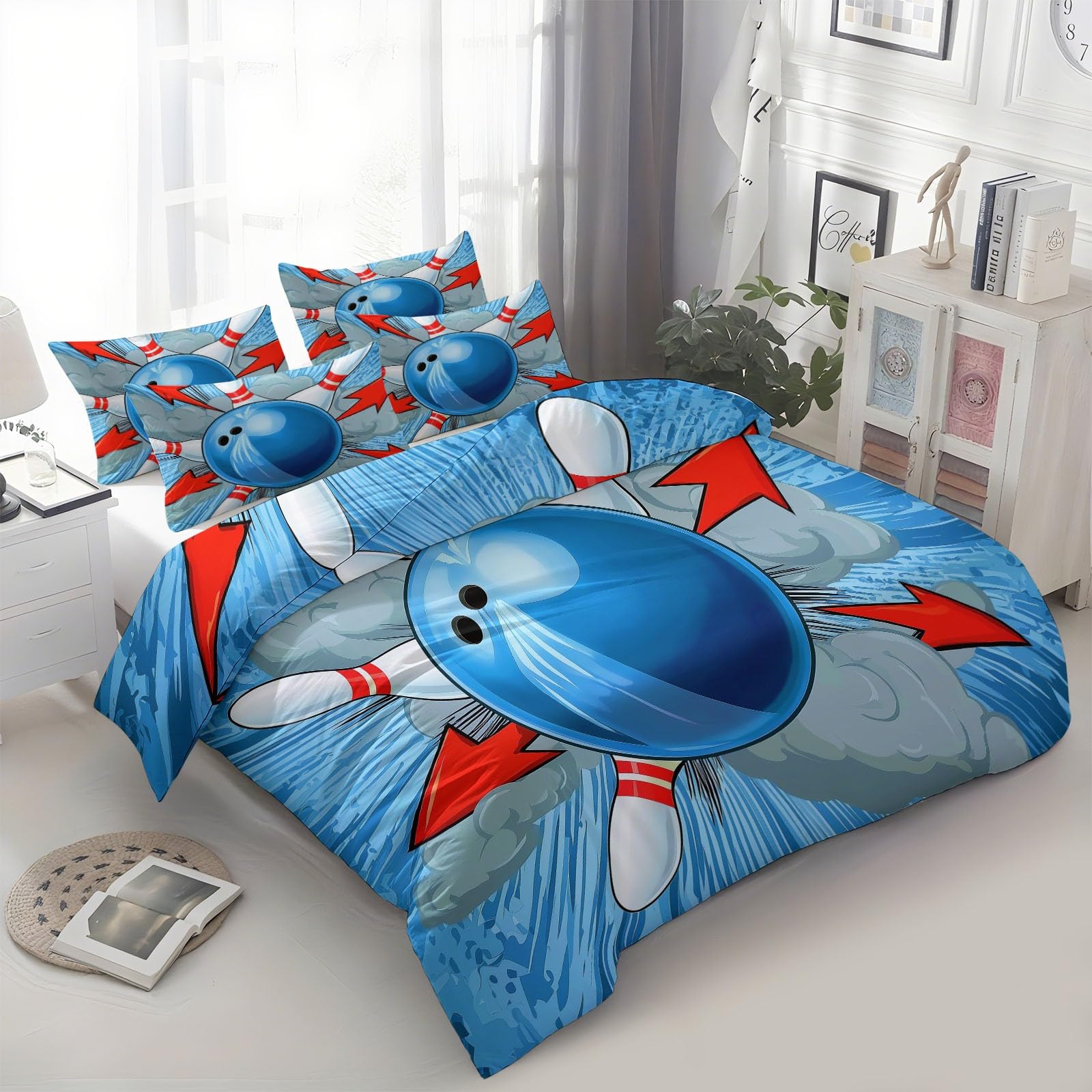 Parure de lit 240x260 cm bleu bowling en microfibre confortable avec 2 taies d'oreiller