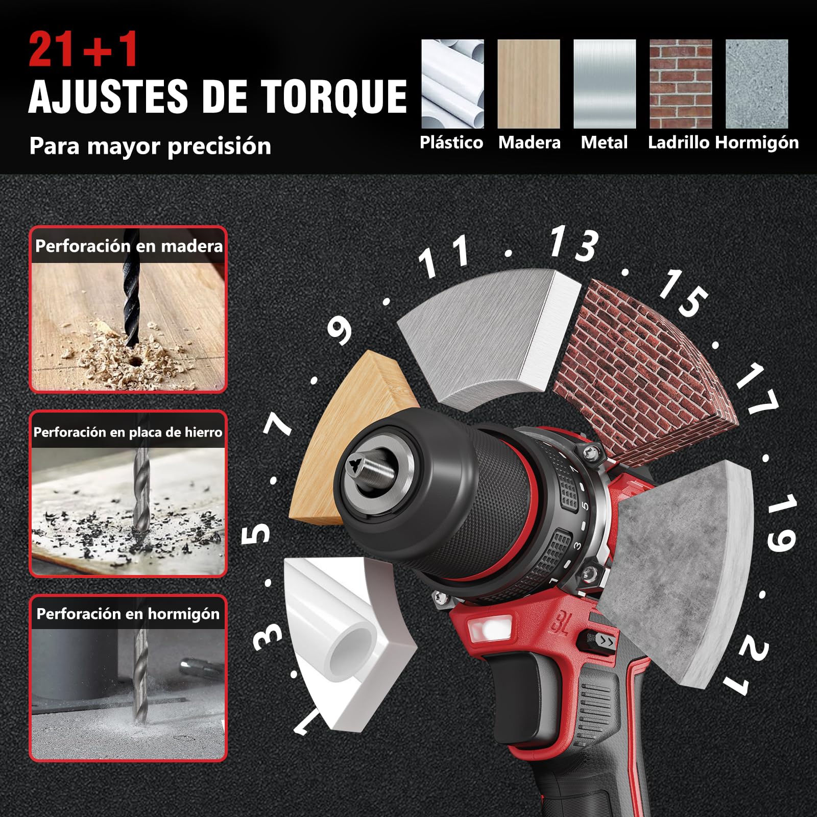 Taladro inalámbrico Alloyman 20V MAX, motor brushless, 1800 RPM, torque máximo 60 Nm, mandril metálico sin llave 3/8", 21+1 niveles de torque, para hormigón, metal y madera