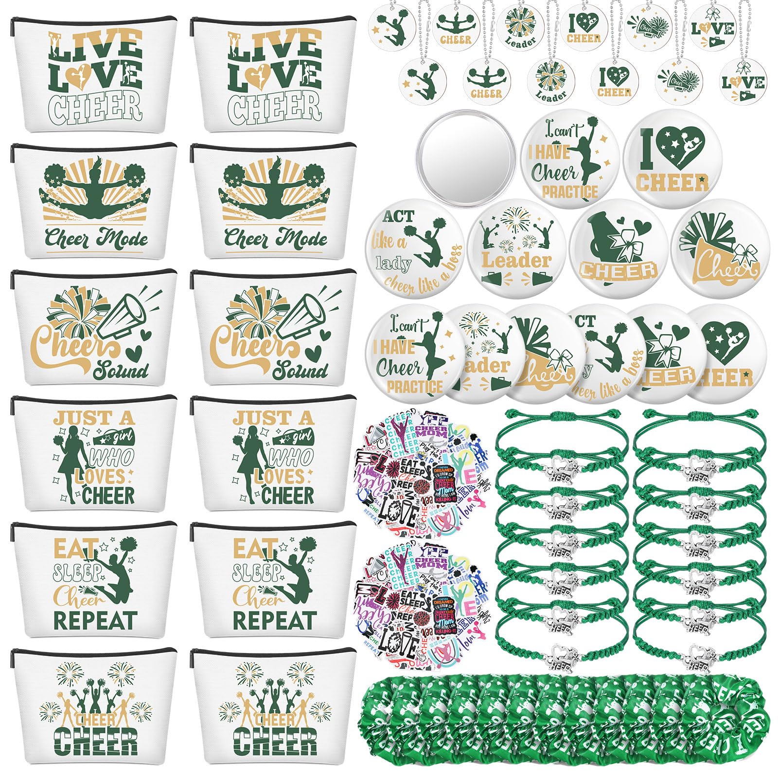 Lyrow 160 Pcs Cheerleader Gifts Bulk for Team Back to School Gift Cheer Scrunchies Hair Ties Makeup Bag Cheer Mirror Bracelet Keychain Sticker for