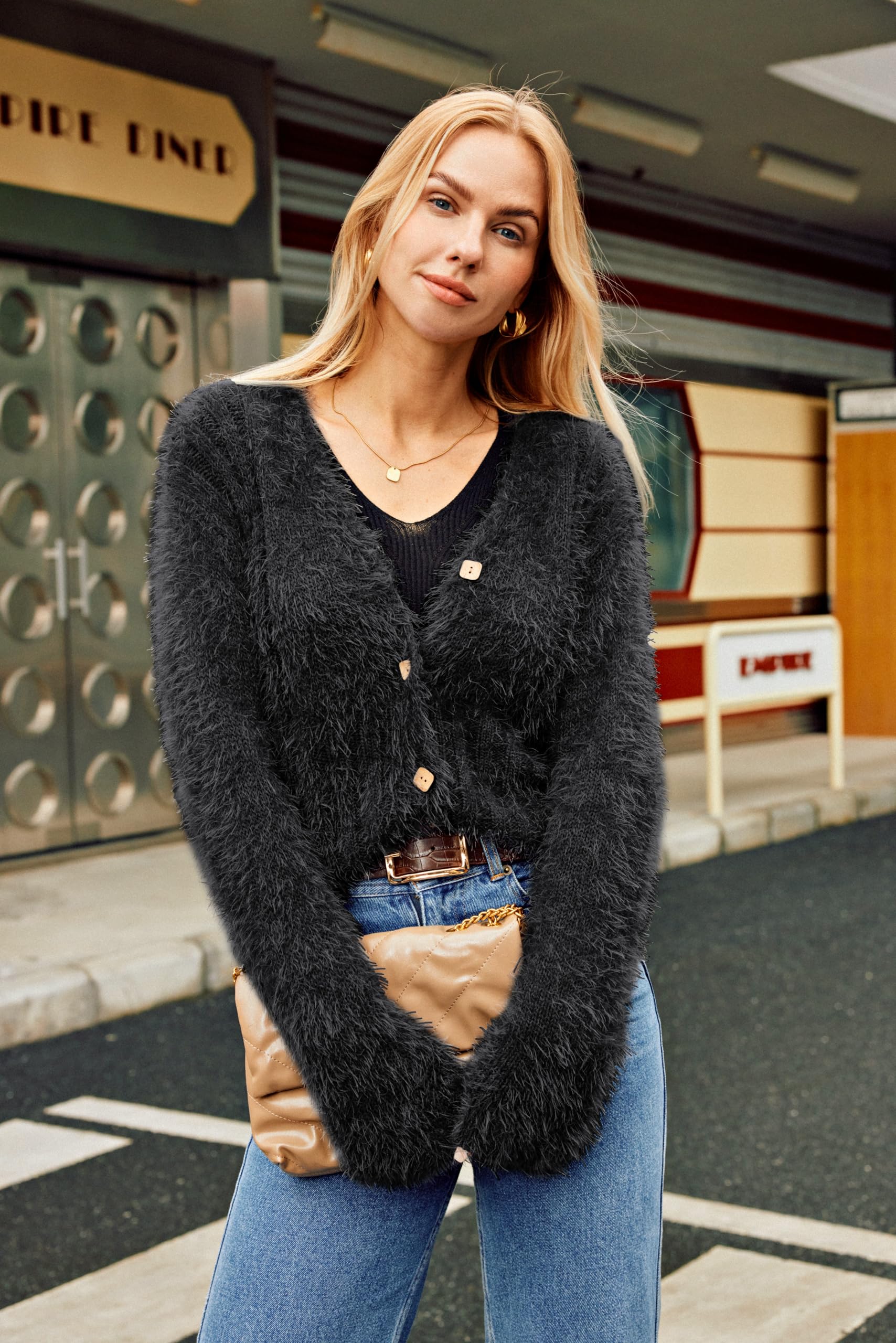 GRACE KARIN Cardigan da Donna a Maniche Lunghe con Scollo a V Corto Abbottonato Morbido e Accogliente Autunno Inverno Maglione Lavorato a Maglia Elegante Casual Giacca a Spalla Top