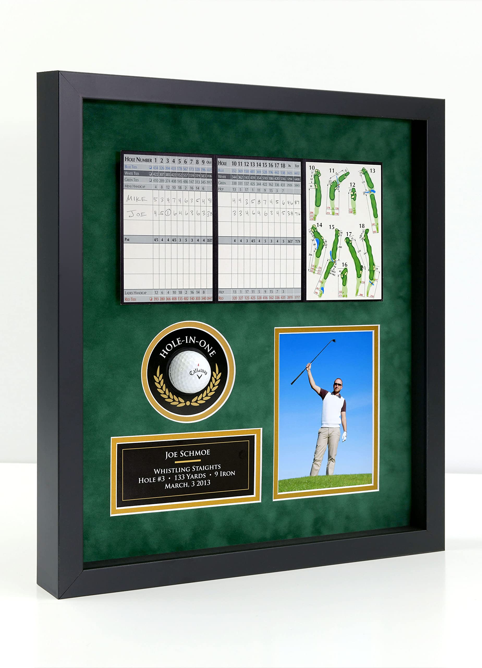 Hole-in-One Golf Display Case Frame, 3 or 4 Components for Ball, Scorecard, Photo & Printed Graphic Info Insert (Elite, 4 Components)