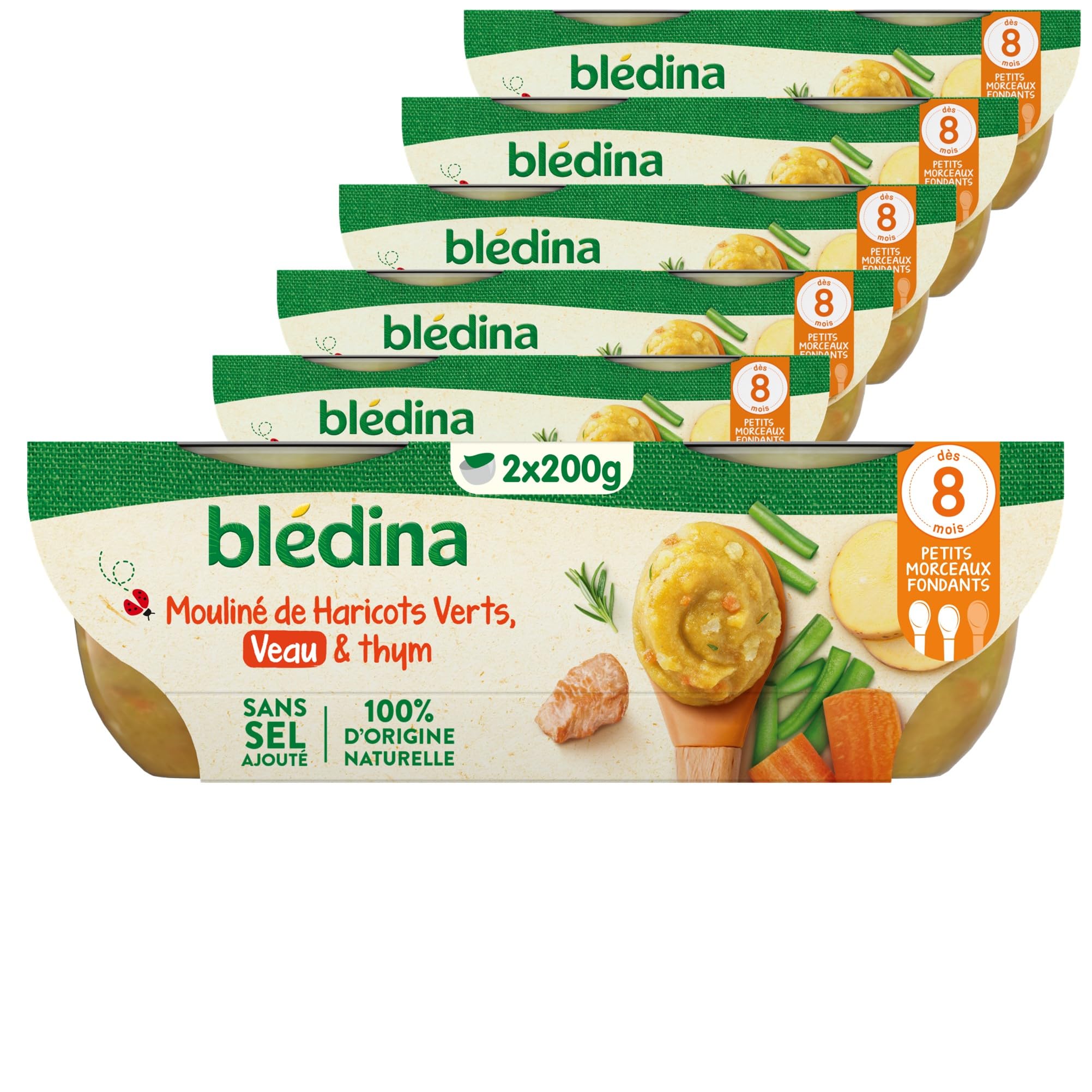 Blédina - Bols - Repas midi bébé - Mouliné de Haricots Verts, Veau & thym - Dès 8 mois - Sans sel ajouté - 12x200g