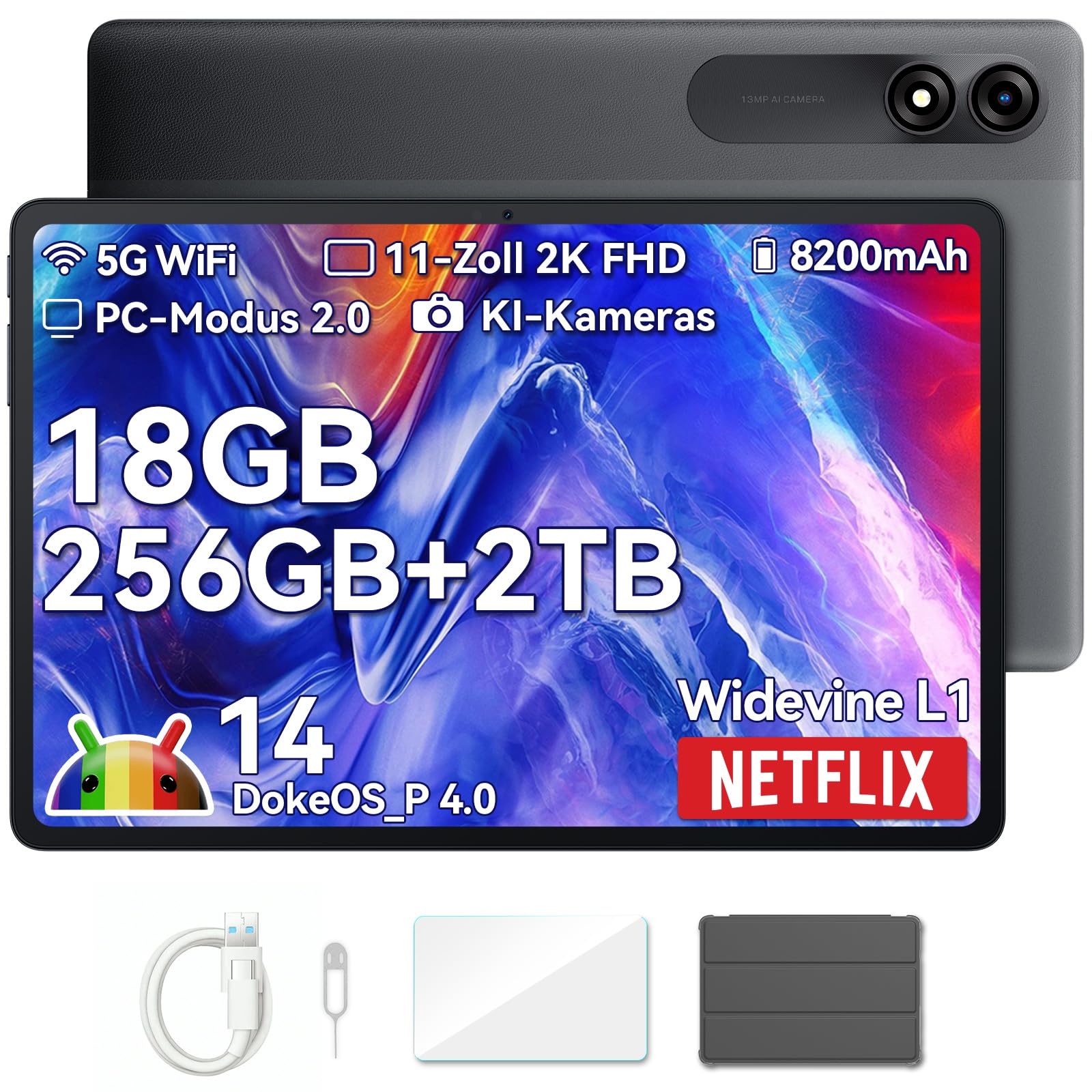 Blackview Tab9WiFi 11 Zoll Tablet Android 14 2K FHD+, 18GB + 256GB(TF 2TB), Octa-Core Gaming Tablet mit Schutzhülle, Gemini AI, 13MP + 8MP, 8200mAh, GMS, Face ID