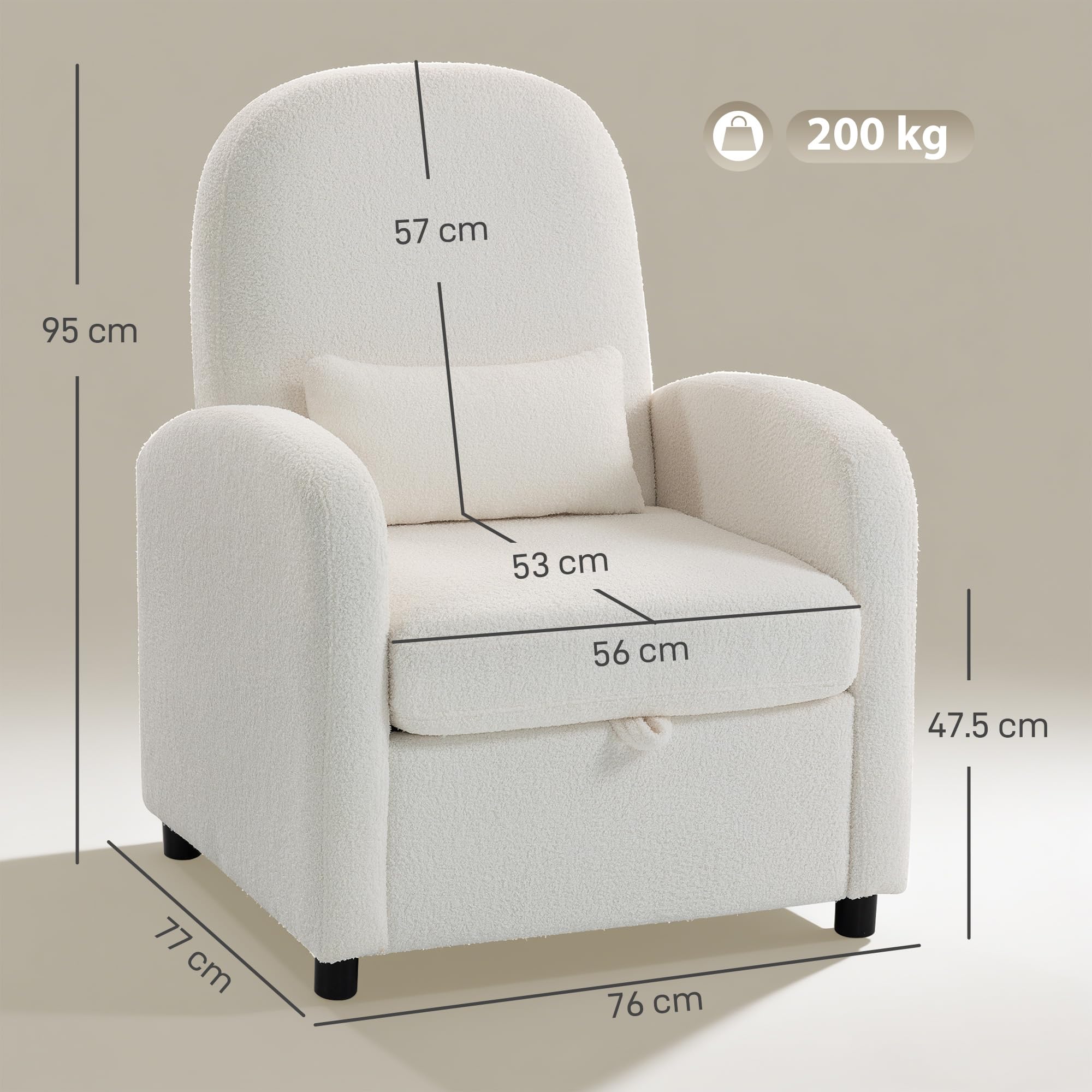 HOMCOM Poltrona Salotto Imbottita con Contenitore Nascosto, Schienale Alto, Poltroncina Moderna con Braccioli, Cuscino Lombare e Seduta Ampia, in Velluto Teddy, per Camera da Letto e Soggiorno, Crema
