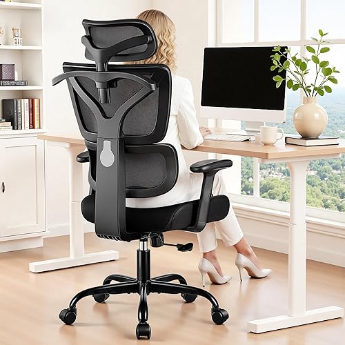 Silla de Oficina Ergonómica de Respaldo Alto Silla de Escritorio con Soporte Lumbar, Silla de Computadora de Malla Transpirable con Reposabrazos
