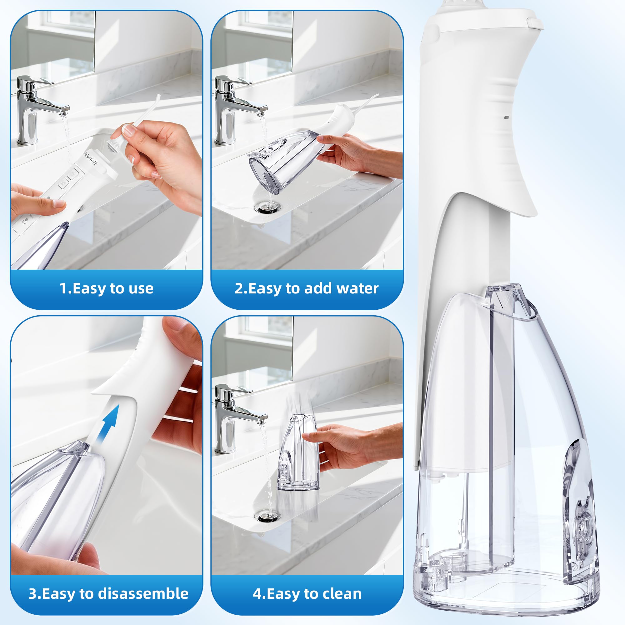 Jet Dentaire Hydropulseur Portable, 300 ML USB Rechargeable Sans Fil Hydropulseur Dentaire avec 4 Embouts et 4 Modes, étanche IPX7 Water Flosser pour Domicile et en Voyage (Blanc)