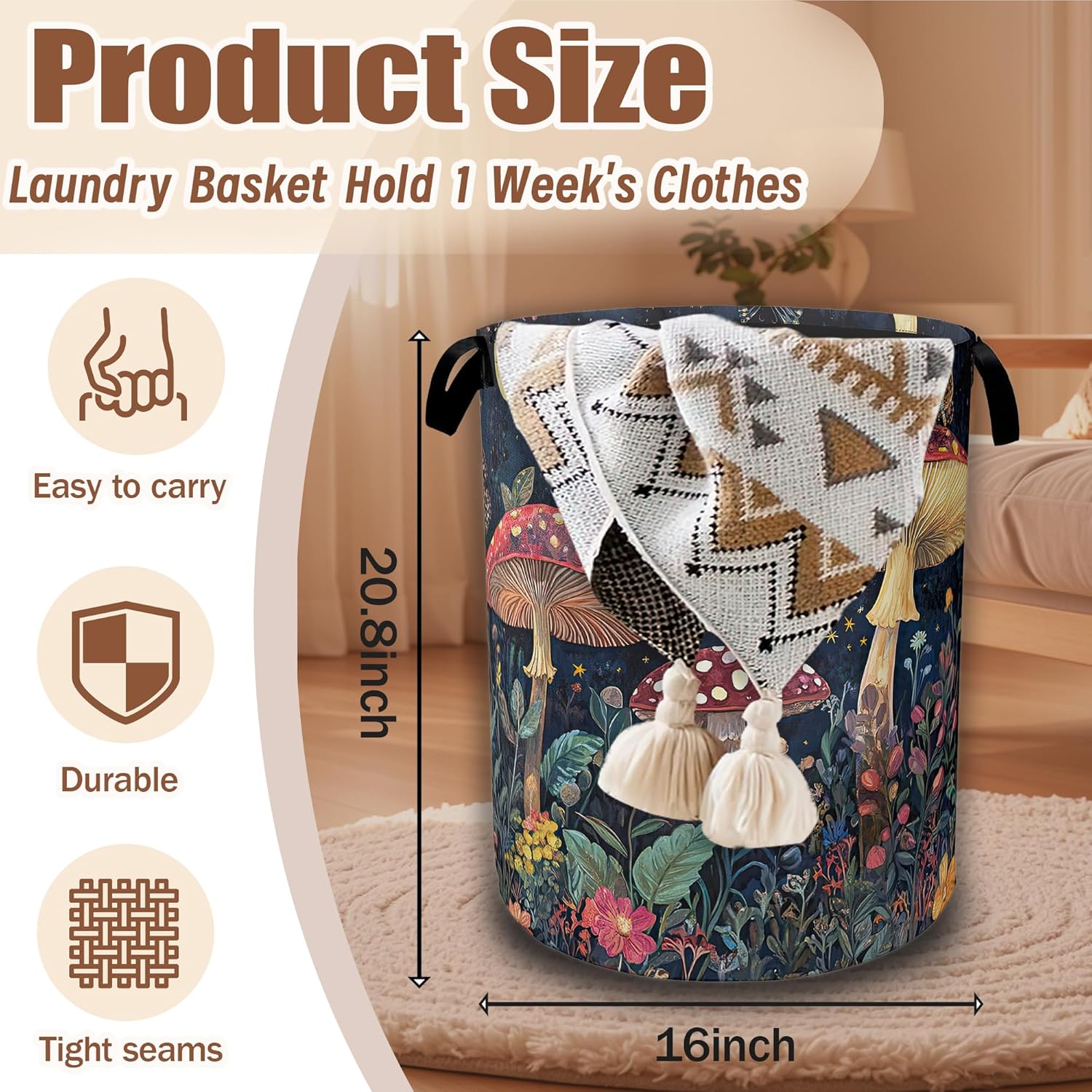 Vintage Mushroom Moon Laundry Hamper,Laundry Baskets,Waterproof Oxford Cloth Toy Storage for Bedroom,Bathroom,Nursery,16x20.8 Inch