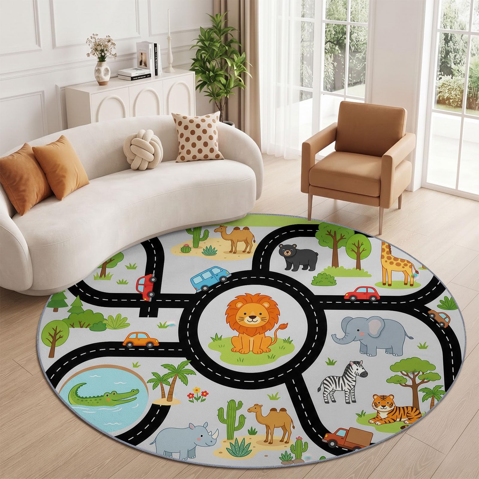 100 cm Tapis Rond De Style Animal Caricature Tapis Carte pour Enfant Lion Ultra Fin, Doux, Antidérapant, Lavable - Convient pour Chambre à Coucher Entrée Salle à Manger Dortoir Familial