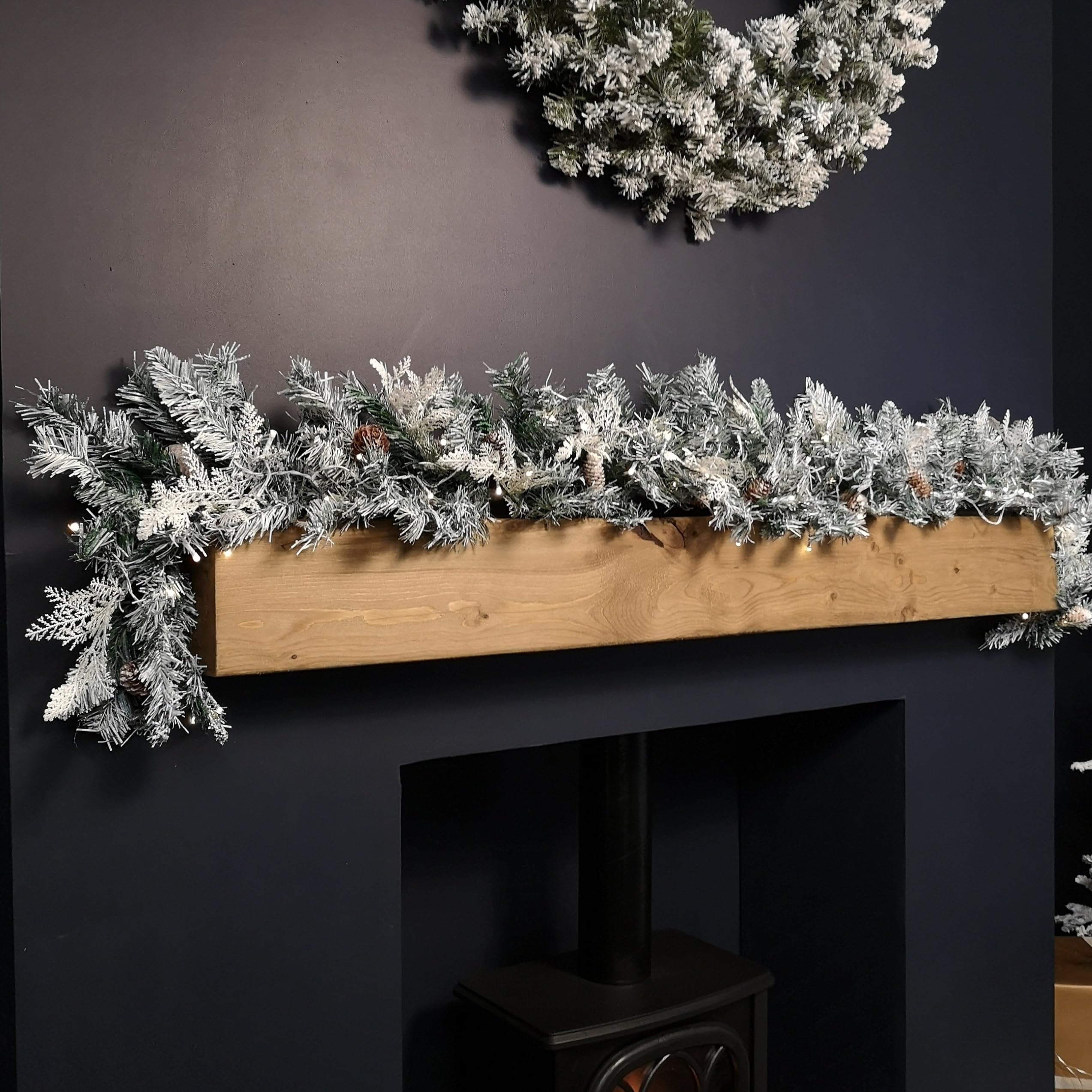 Samuel Alexander White Snowy Pre-Lit Christmas Garland With 50 Warm Led Lights And Pinecones 96 Tips, Xmas Garlands Decoration With Lights For Stairs Fireplace 1.8M