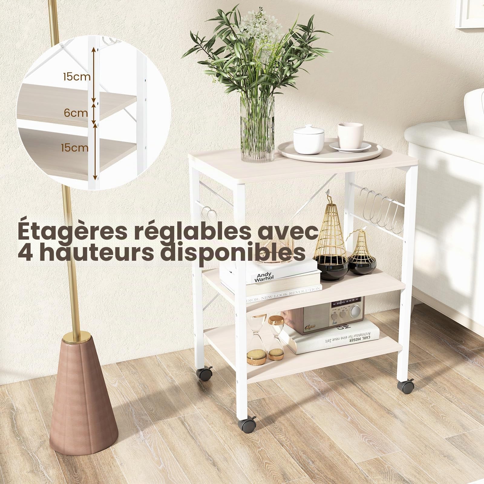 KOMFOTTEU Chariot Cuisine avec 10 Crochets en S, 3 Niveaux, 60 x 40 x 73cm | Étagère mobile pour Micro-ondes avec plateaux réglables en Hauteur, Desserte de Service, beige