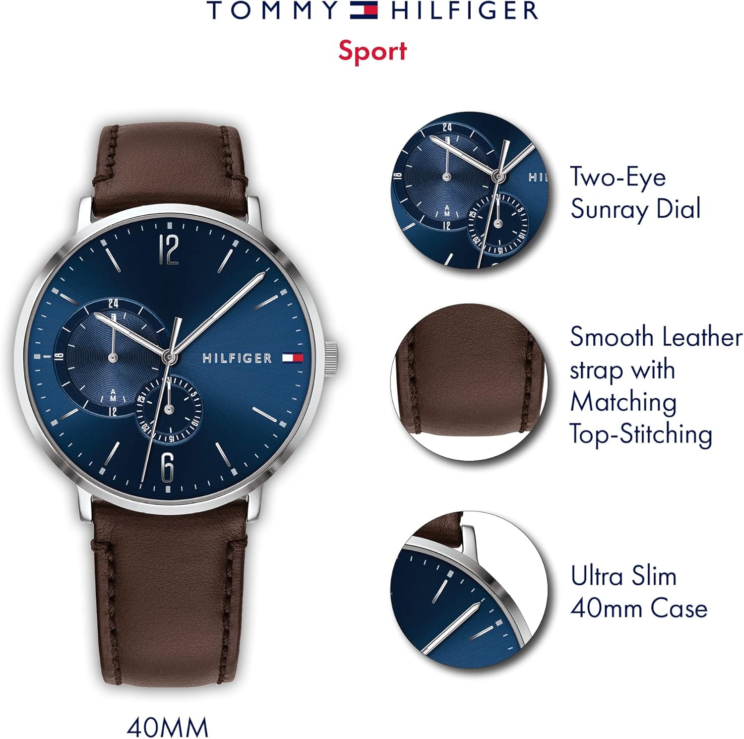 Tommy Hilfiger Orologio Analogico Multifunzione al Quarzo da Uomo con Cinturino in Pelle Marrone Scuro - 1791508 Tommy Hilfiger Orologio Analogico Multifunzione al Quarzo da Uomo con Cinturino in Pelle Marrone Scuro - 1791508