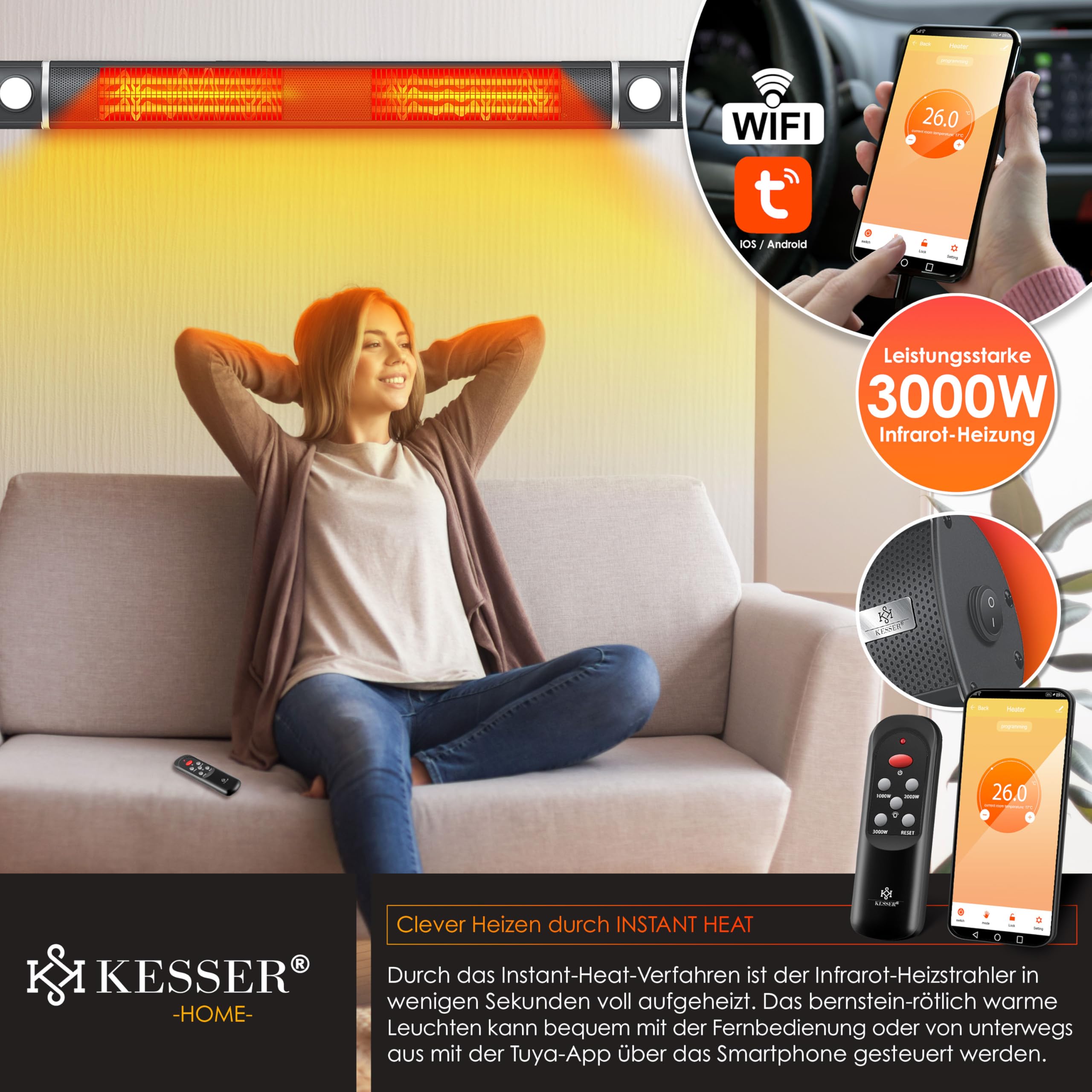 KESSER Stufa a infrarossi, 3000 W, con luce a LED e telecomando, con custodia protettiva a infrarossi, riscaldatore a infrarossi, riscaldatore da parete