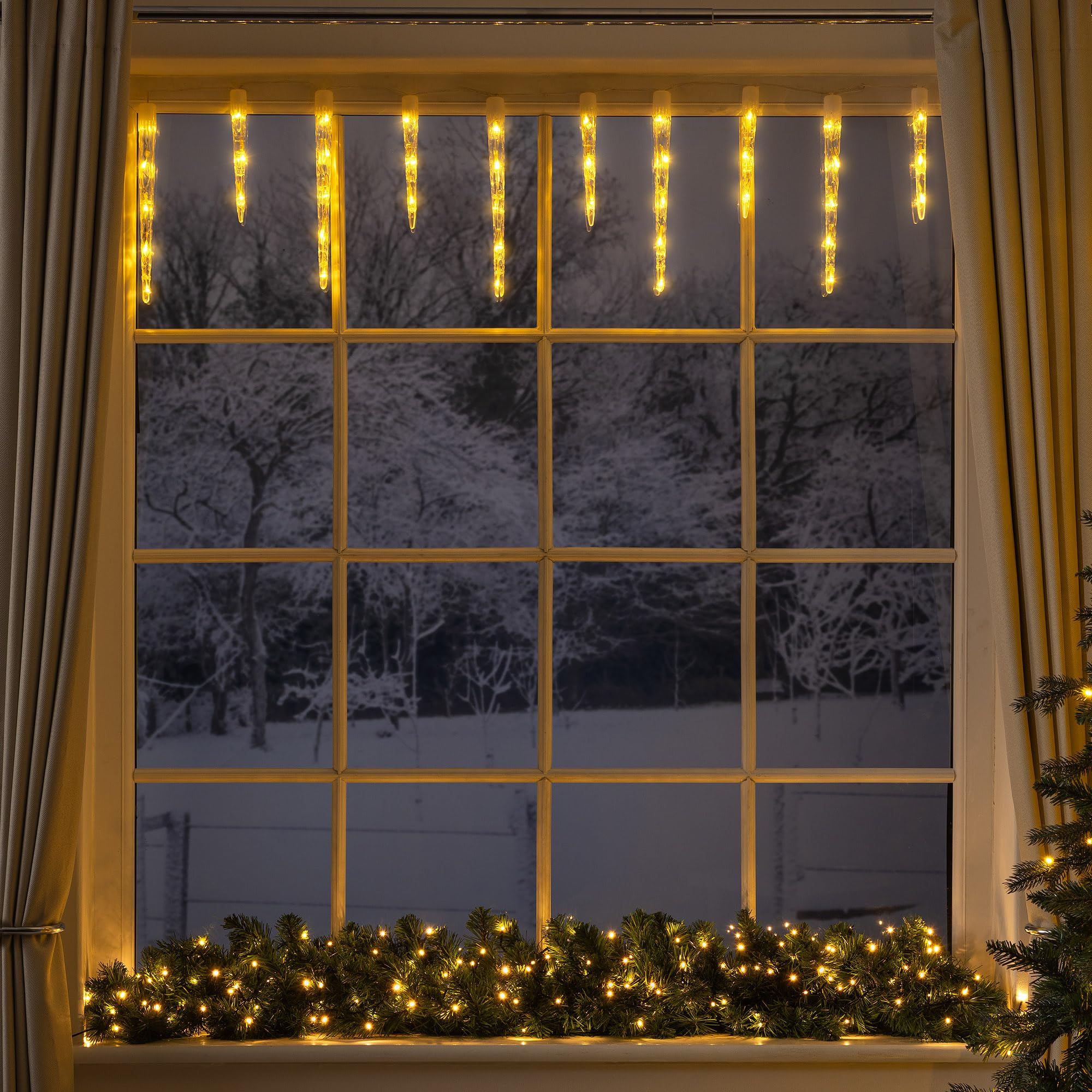 Christow Warm White Christmas Icicle Lights 40 Leds, 3M Lit Length, Indoor & Outdoor, Battery Operated With Timer, 8 Flash Lighting Modes With Memory, 10 Acrylic Icicles, Xmas Ice Decorations