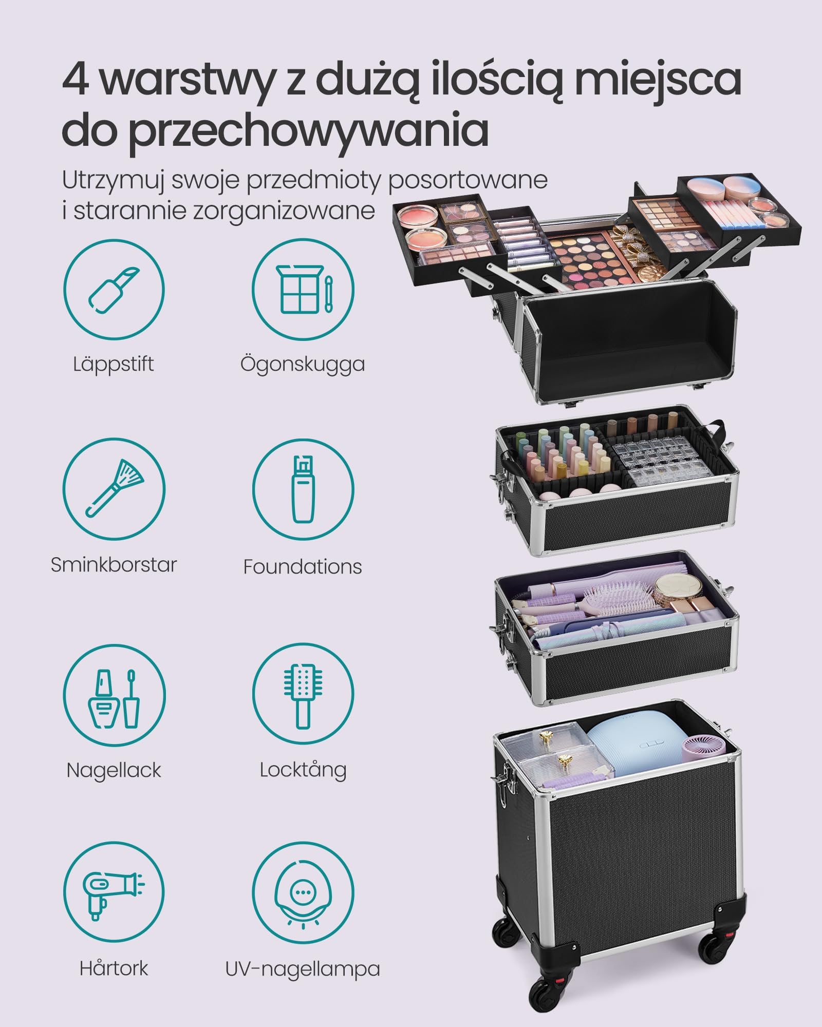 SONGMICS Walizka do makijażu, profesjonalna walizka do makijażu, walizka 4 w 1 do podróży, duży wózek dla fryzjerów, zamykana, z uniwersalnymi kółkami obracającymi się o 360°, czarna JHZ11BK