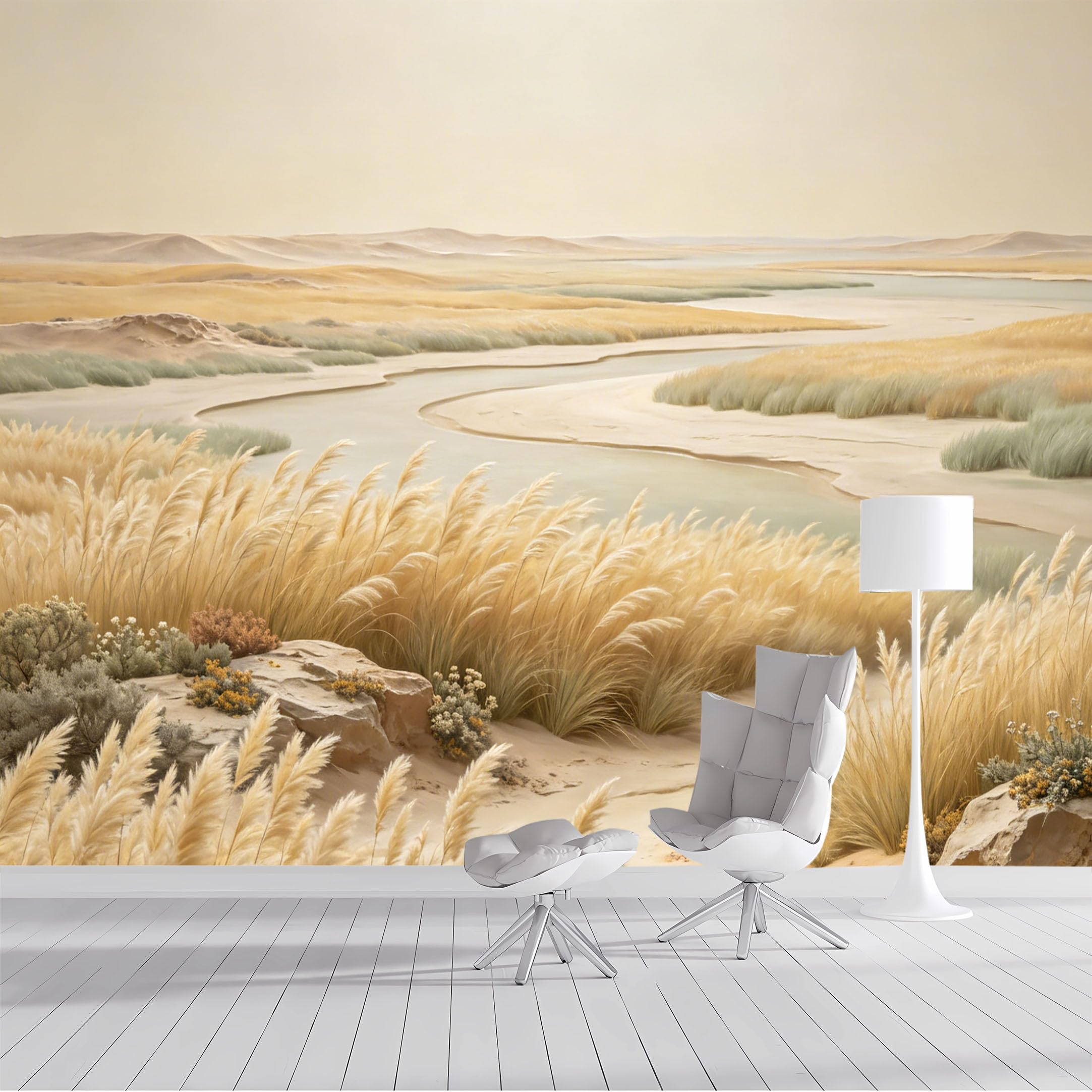 Custom Size Wall Mural Desert River Meadow Landscape Pastoral Natural Scenery Oil Painting SelfAdhesive Wall Fabric Removable Peel and Stick Wallpaper Wall Decor for Living Room Bedroom
