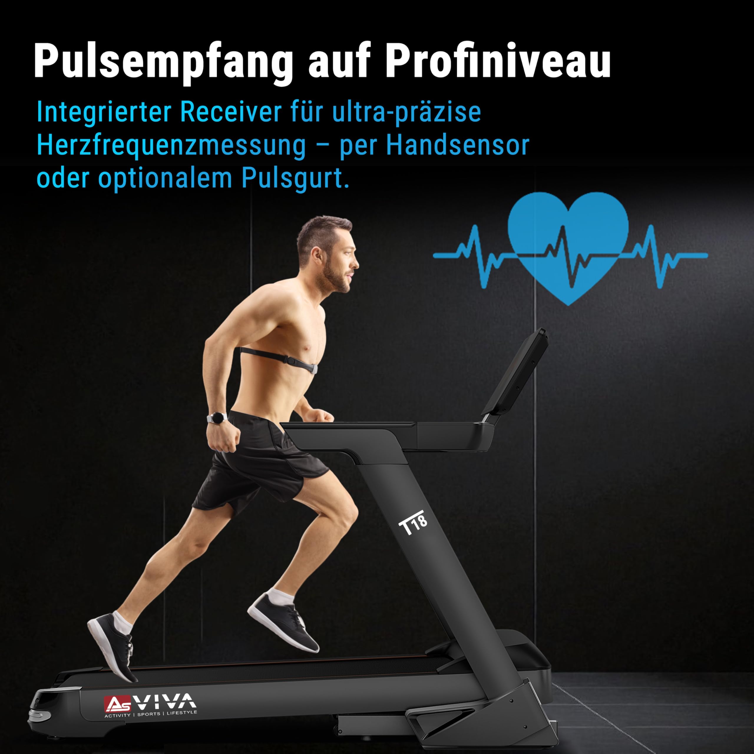 AsVIVA T18 – składana elektryczna profesjonalna bieżnia z ekranem dotykowym 21,5", silnik 7 KM, 20 km/h, nachylenie 15%, do 150 kg
