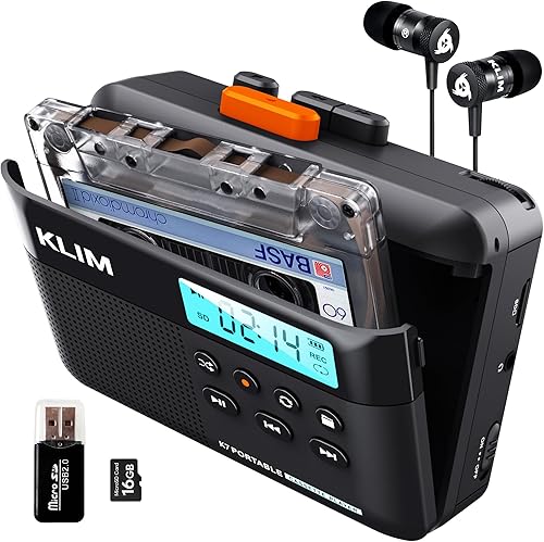 KLIM Reproductor de cinta de casete K7 - Convertidor de casete a MP3 - Portátil - Micrófono y altavoz integrados - Batería recargable - Auriculares