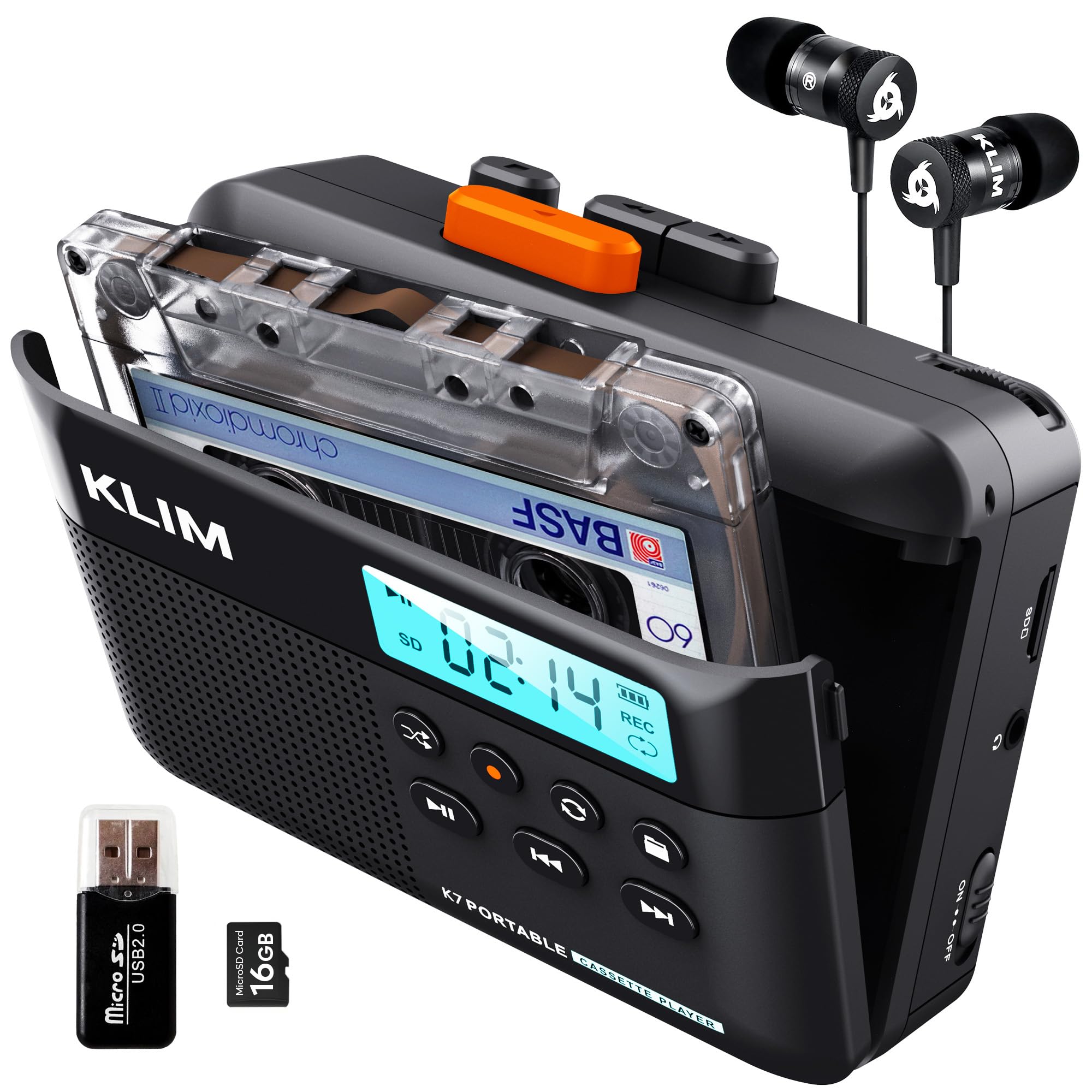 KLIM K7 Cassettespeler – Cassette naar MP3 converter – draagbare speler – cassetterecorder met geïntegreerde microfoon en luidspreker – oplaadbare batterij – hoofdtelefoon – SD-kaart 16 GB