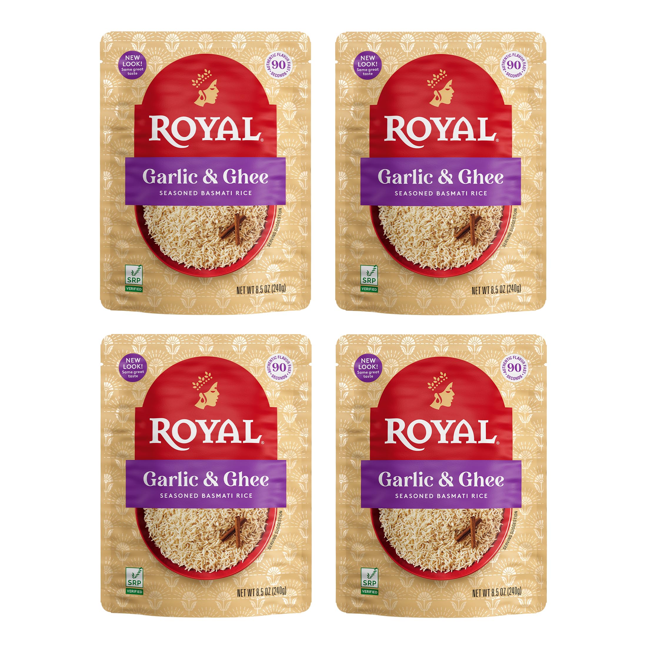 Royal Garlic & Ghee Basmati Rice - Ready to Heat Basmati Rice - (4 Pack) 8.5 oz Microwaveable Pouch