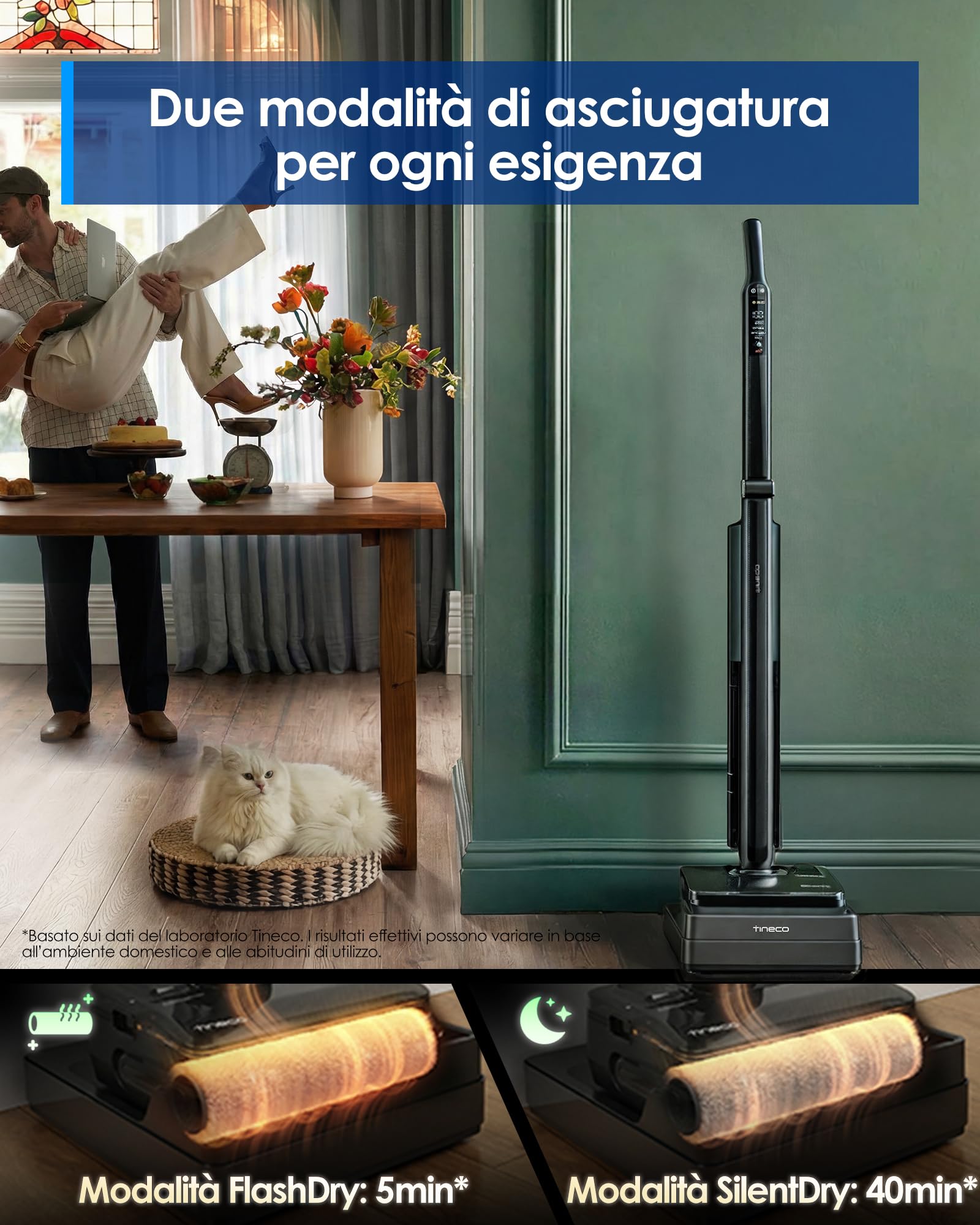 Tineco Floor One i7 Fold Lavapavimenti aspirapolvere senza fili, 22.000Pa, Anti-Groviglio DualBlock, Tubo 180°, FlashDry 85℃, 45 dB Silenzioso, 50min, Pulizia Bordi