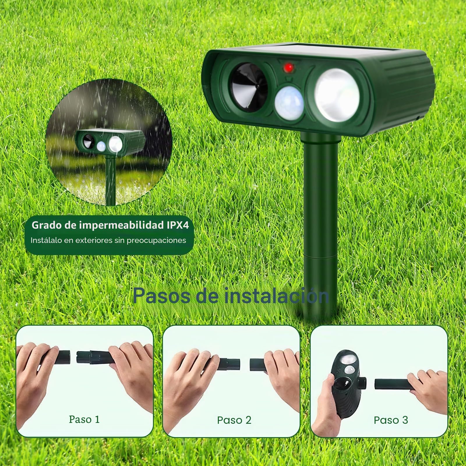 Repelente de gatos para jardines, repelente de animales solar ultrasónico, repelente ultrasónico para gatos de solución rápida con estaca en el suelo/sensor de movimiento PIR, repelente para perros y