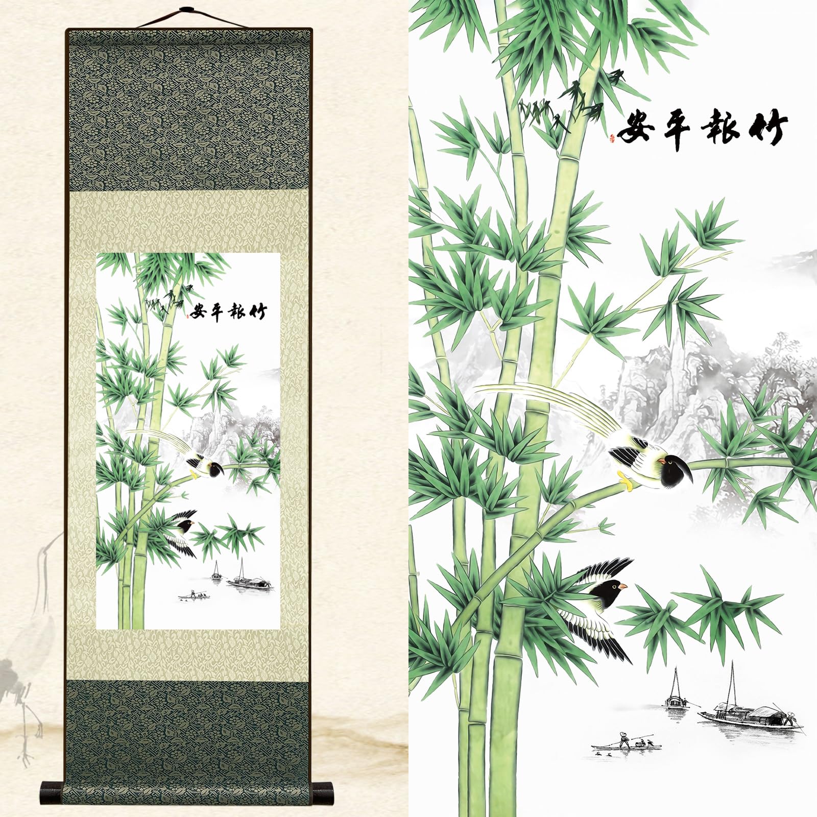 Newscz Family Wall Art for Bedroom & Hallway Decor - Silk Scroll Landscape Painting - Asian Room Decor - 36 x 12 in