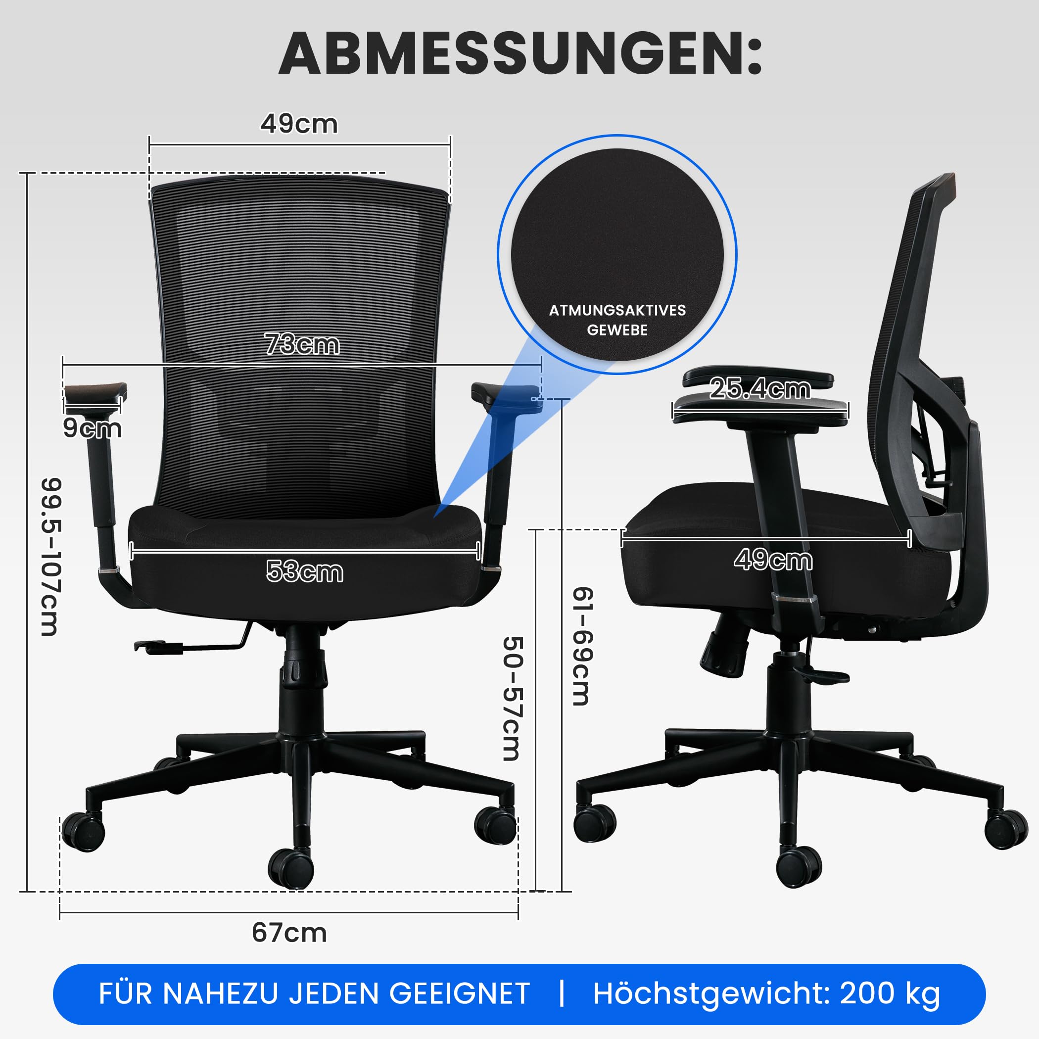 Fantasylab Bürostuhl 200KG Ergonomischer Schreibtischstuhl mit Extra Breite Sitzfläche Offce Chair mit 13cm Memory-Schaum Chefsessel mit Verstellbare Lendenwirbelstütze
