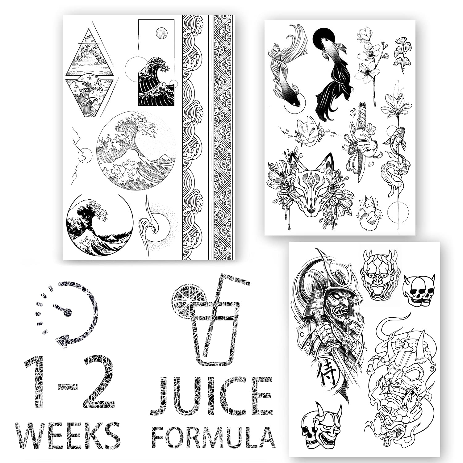 AWAKEN Tatuaggi Finti Temporanei Juice Tattoo Semi Permanente Adesivi Temporary Tattoo Impermeabile a base Vegetale dura 1-2 Settimane Pacco da 3 fogli Design Stile Giapponese Japan (Pacco 2)
