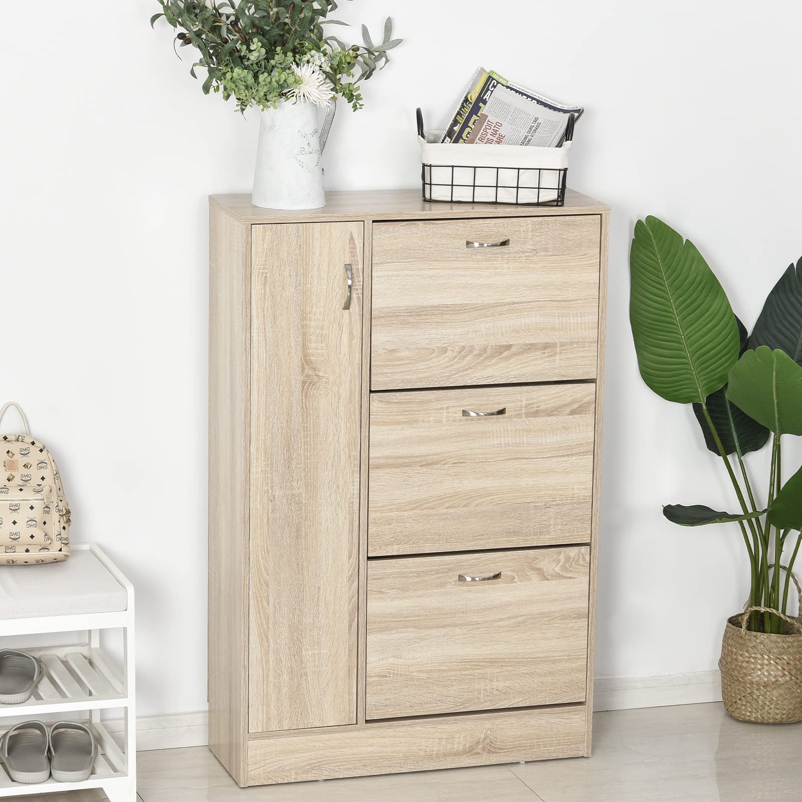 HOMCOM Zapatero Estrecho con 3 Puertas Abatibles Armario Alto 79x26x120 cm | Mueble Zapatero, Estante Ajustable, para de 6-12 Pares de Zapatos, Entrada, Recibidor