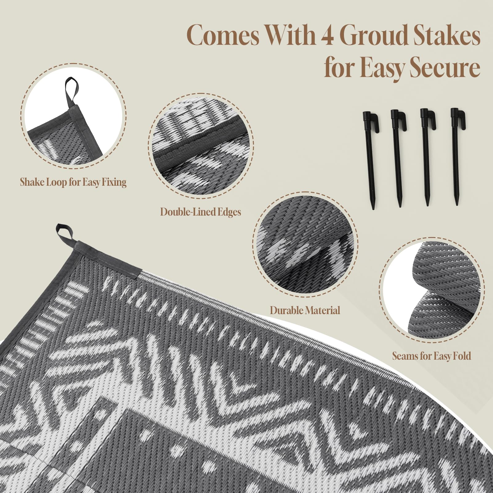 OMERAI Tapis d'Extérieur pour Terrasse Tapis de Camping en Plastique Recyclé Léger et Réversible à l'Extérieur Tapis de Jardin Facile à Nettoyer et Imperméable aux UV Gris 180X270CM