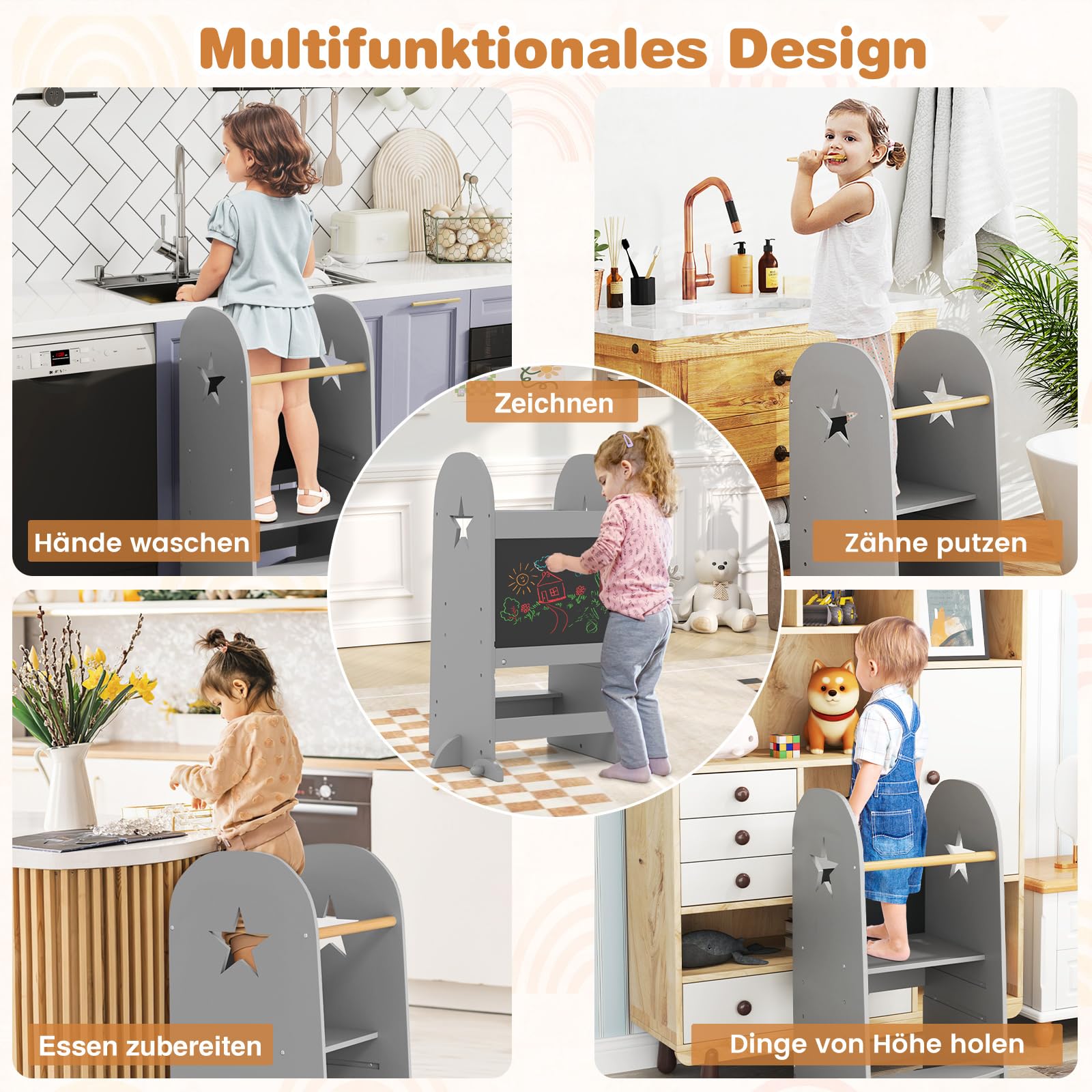 COSTWAY 3 in 1 Lernturm Kinder, Tritthocker mit 3 verstellbaren Höhen & doppelseitiger Tafel, Trittschemel Montessori, Küchenhelfer Lernstuhl für Kinder, 90 kg Belastbar, Grau