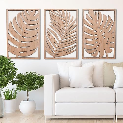 Miniatura 6 de Leaves Wood Wall Art Panels Set of 3 Tropical Monstera Leaf Wall Decor, Boho, Modern Farmhouse