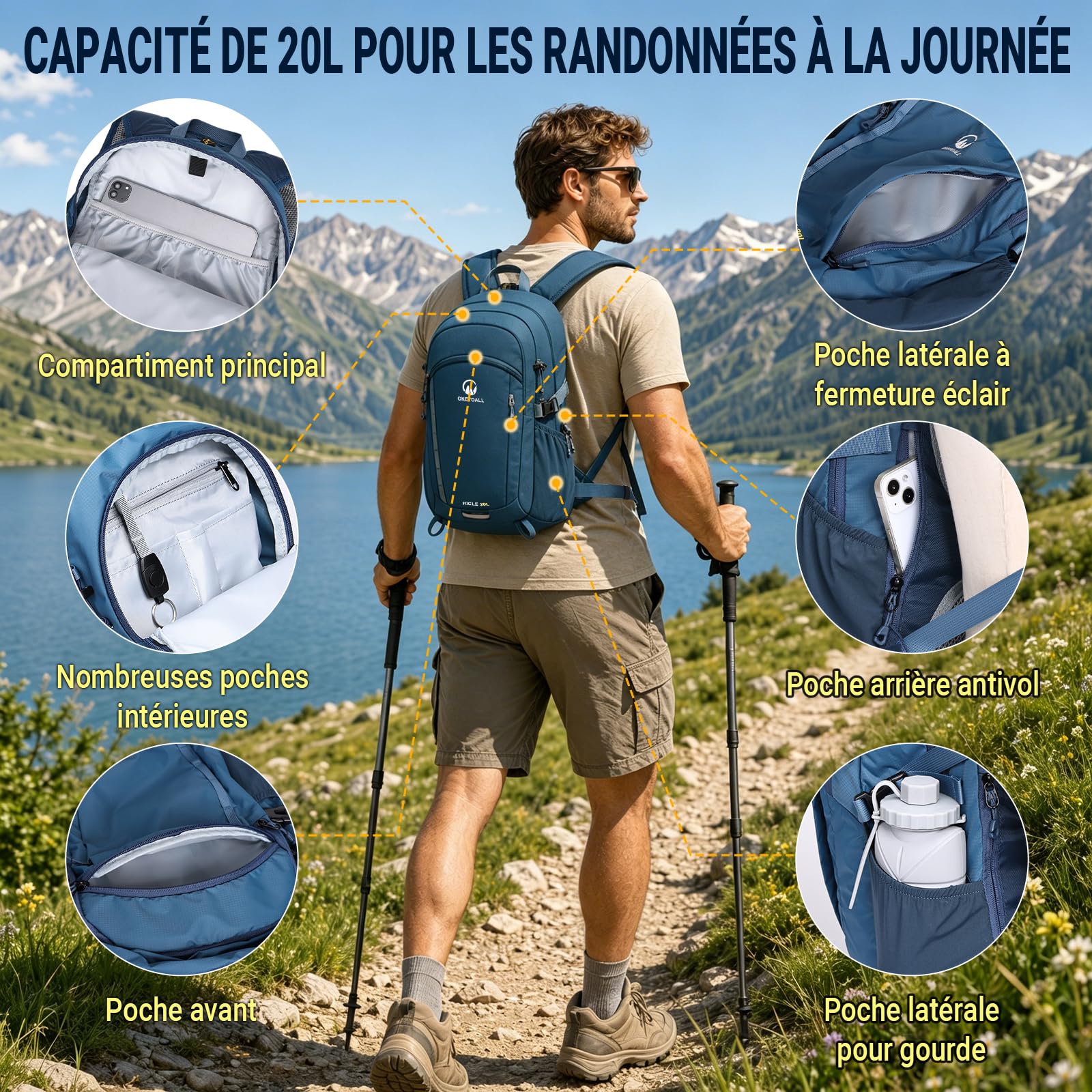 Sac a Dos Randonnee Homme Femme 20L Inclus Couvre-Pluie Confort | Légèreté, Ergonomie, Système de Suspension, Résistance, Multiples Compartiments, pour Travail Voyages Courts Cyclisme Camping