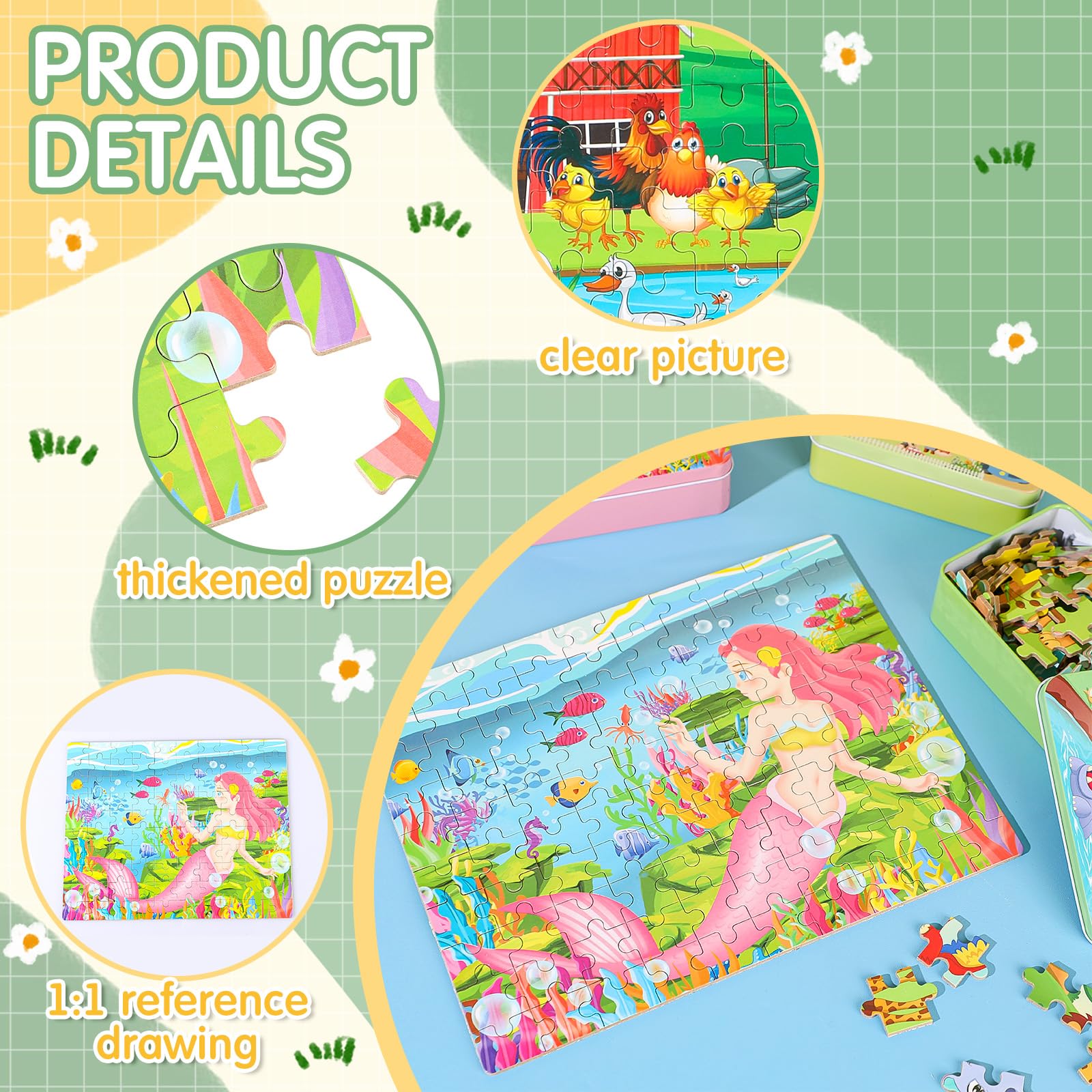 Motionchic 6 Set Jigsaw Puzzles in a Metal Box for Kids Age Over 6, 100 Pieces Wooden Mini Puzzle Animal Marine Mermaid Fire Truck Dinosaur Puzzles for Girl Boy Educational Party Favor (Cute) - Image 3