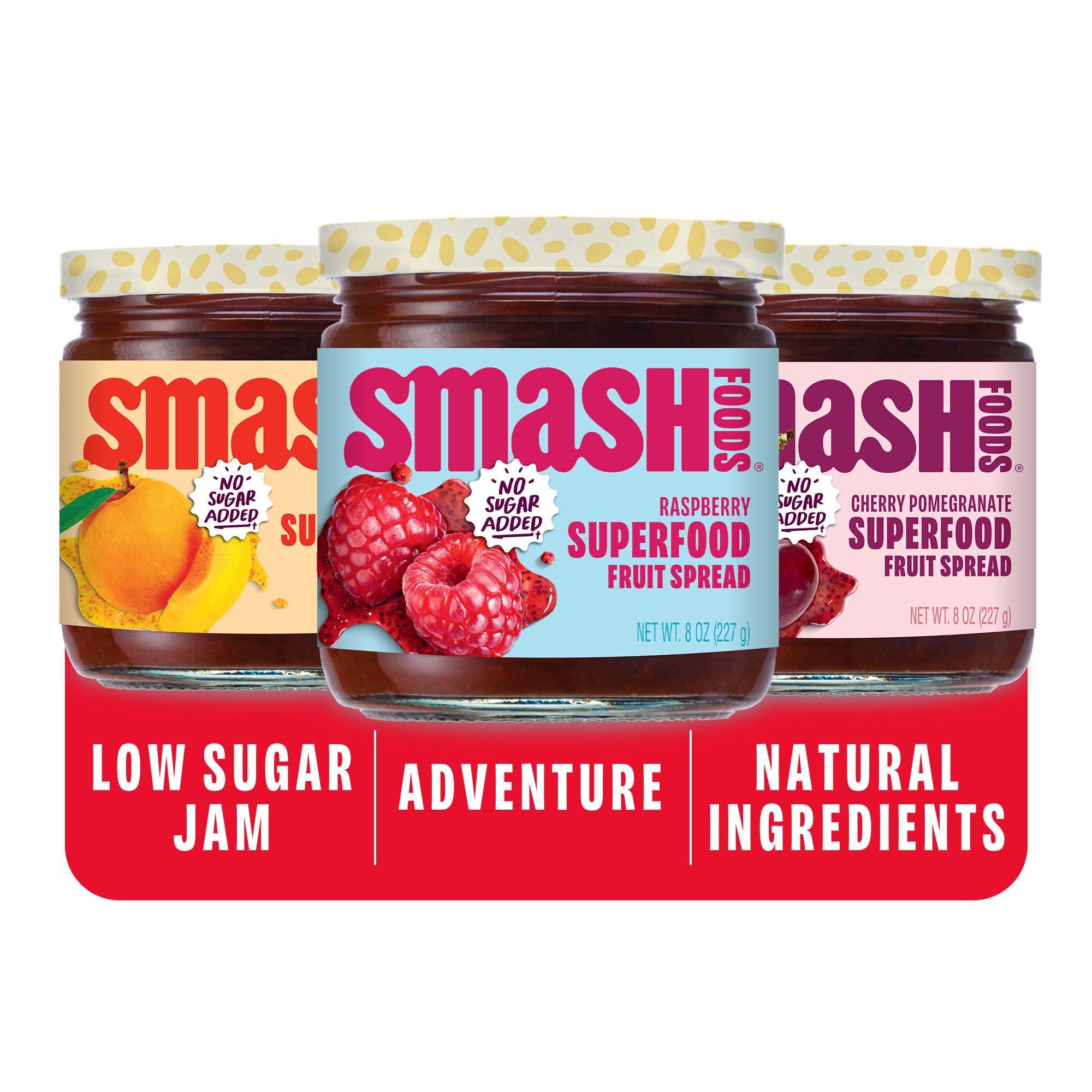 Smash Foods Jam, Variety Adventure 3-Pack | No Sugar Added, Naturally Sweet Jelly | Keto Friendly, Low Calorie, Low Carb | Non GMO, Upcycled, Vegan,