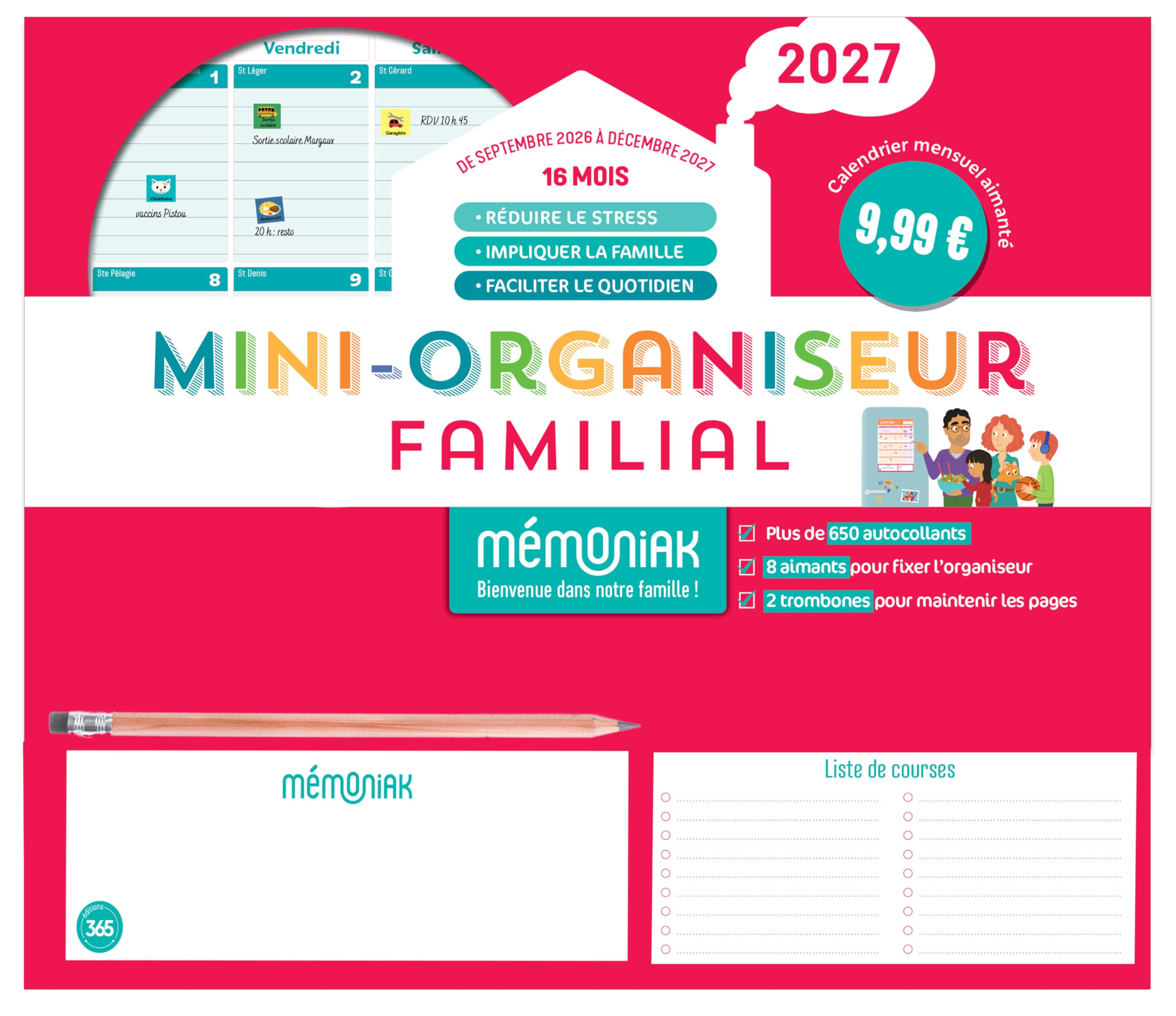 Mini-organiseur familial Mémoniak 2027, calendrier mensuel, septembre 2026-décembre 2027: Avec un crayon