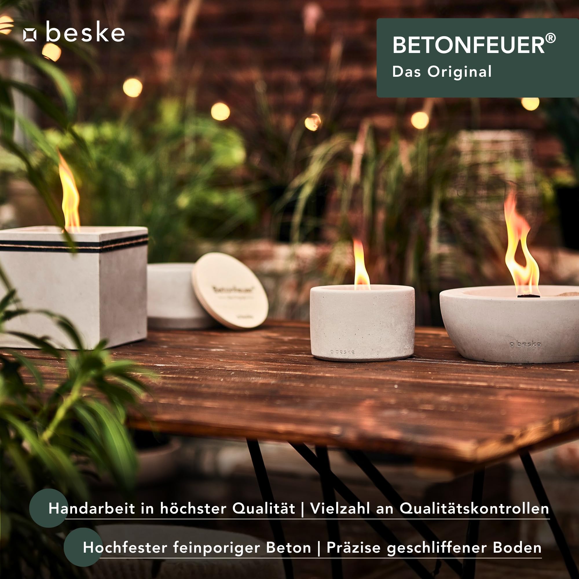 Betonfeuer® - Das Original der Beske-Manufaktur | Modell 'Solo' Ø14cm mit Dauerdocht | Unendliche Brenndauer | Premium Handarbeit aus Deutschland (Ohne Nachfüllwachs, Löschbrett aus Holz)