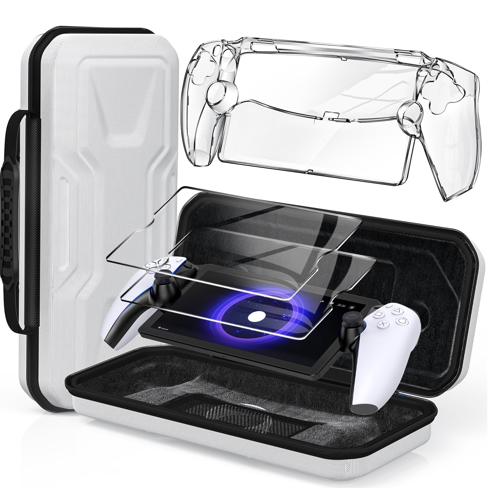 Klipdasse Accessories Kit for Playstation Portal, EVA Carrying Case, Hard PC Clear Protective Crystal Cover Case and 2 Pack HD Tempered Glass Screen Protector for PS 5 Portal Accessories